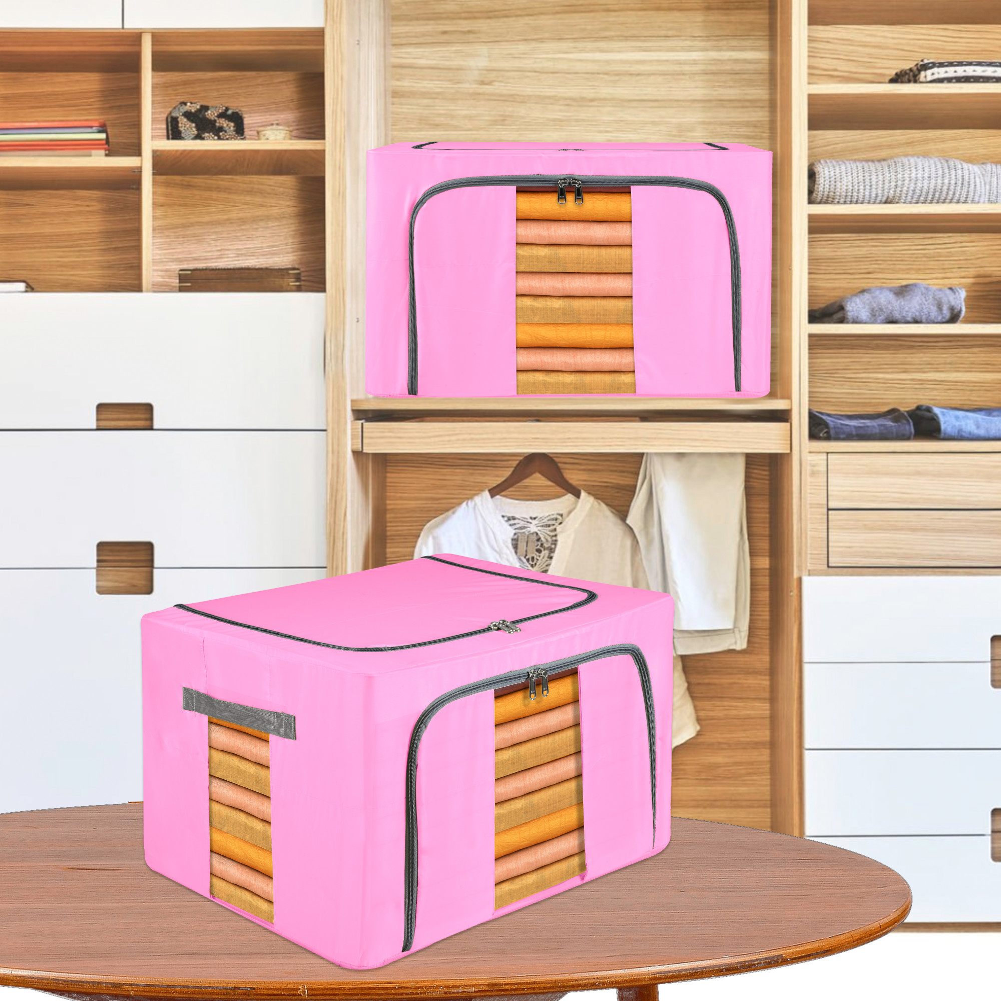 Kuber Industries 24 Liter Clothes Storage Box  Foldable Parachute Steel Frame Wardrobe Organizer  Waterproof Storage Box for Saree-Shirts  Blankets  Underbed Storage Bag  Pink