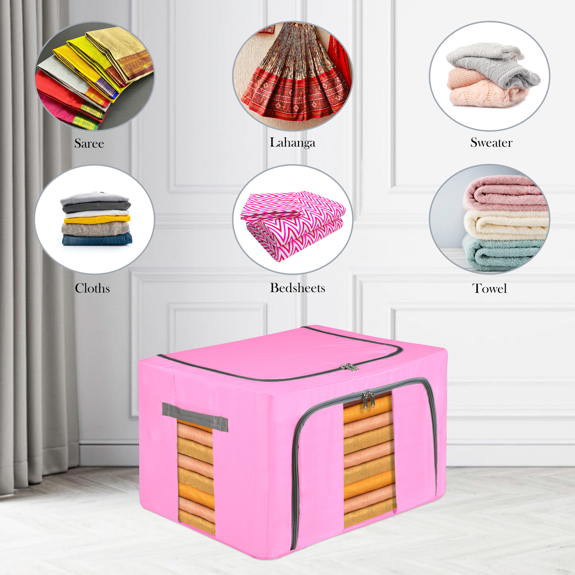 Kuber Industries 24 Liter Clothes Storage Box  Foldable Parachute Steel Frame Wardrobe Organizer  Waterproof Storage Box for Saree-Shirts  Blankets  Underbed Storage Bag  Pink