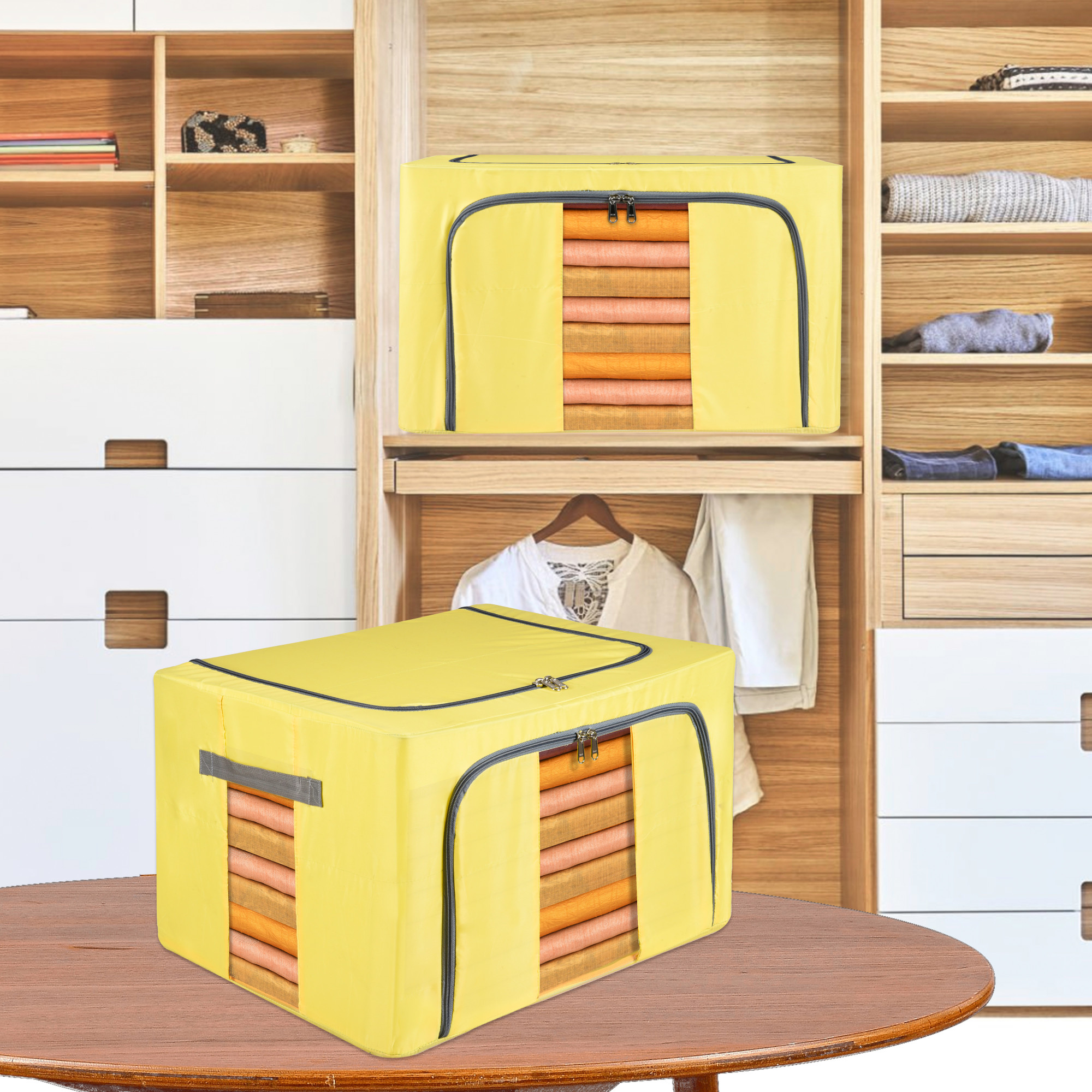 Kuber Industries 24 Liter Clothes Storage Box  Foldable Parachute Steel Frame Wardrobe Organizer  Waterproof Storage Box for Saree-Shirts  Blankets  Underbed Storage Bag  Yellow