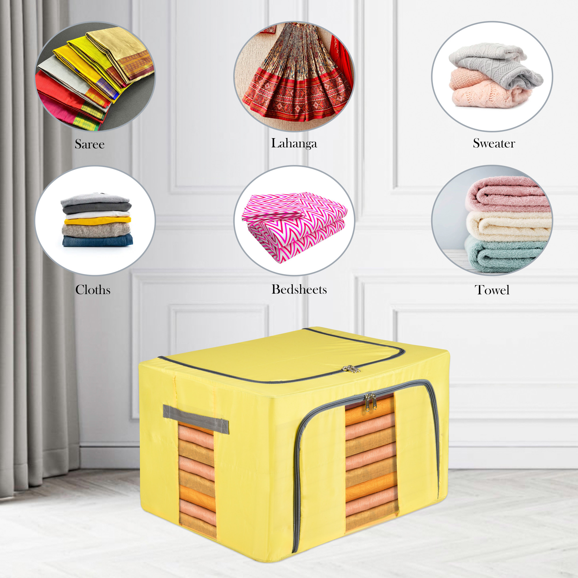Kuber Industries 24 Liter Clothes Storage Box  Foldable Parachute Steel Frame Wardrobe Organizer  Waterproof Storage Box for Saree-Shirts  Blankets  Underbed Storage Bag  Yellow