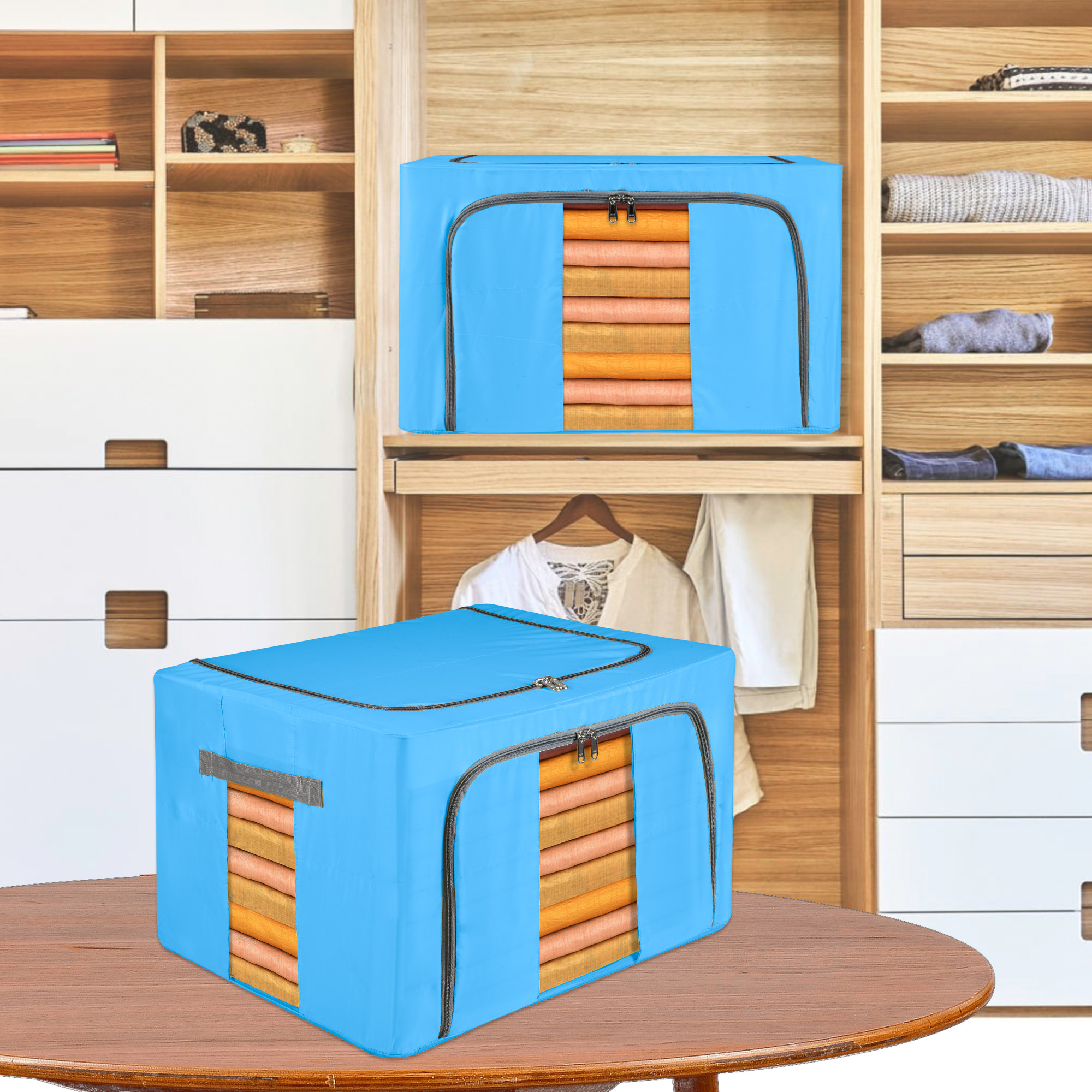 Kuber Industries 24 Liter Clothes Storage Box  Foldable Parachute Steel Frame Wardrobe Organizer  Waterproof Storage Box for Saree-Shirts  Blankets  Underbed Storage Bag  Sky Blue