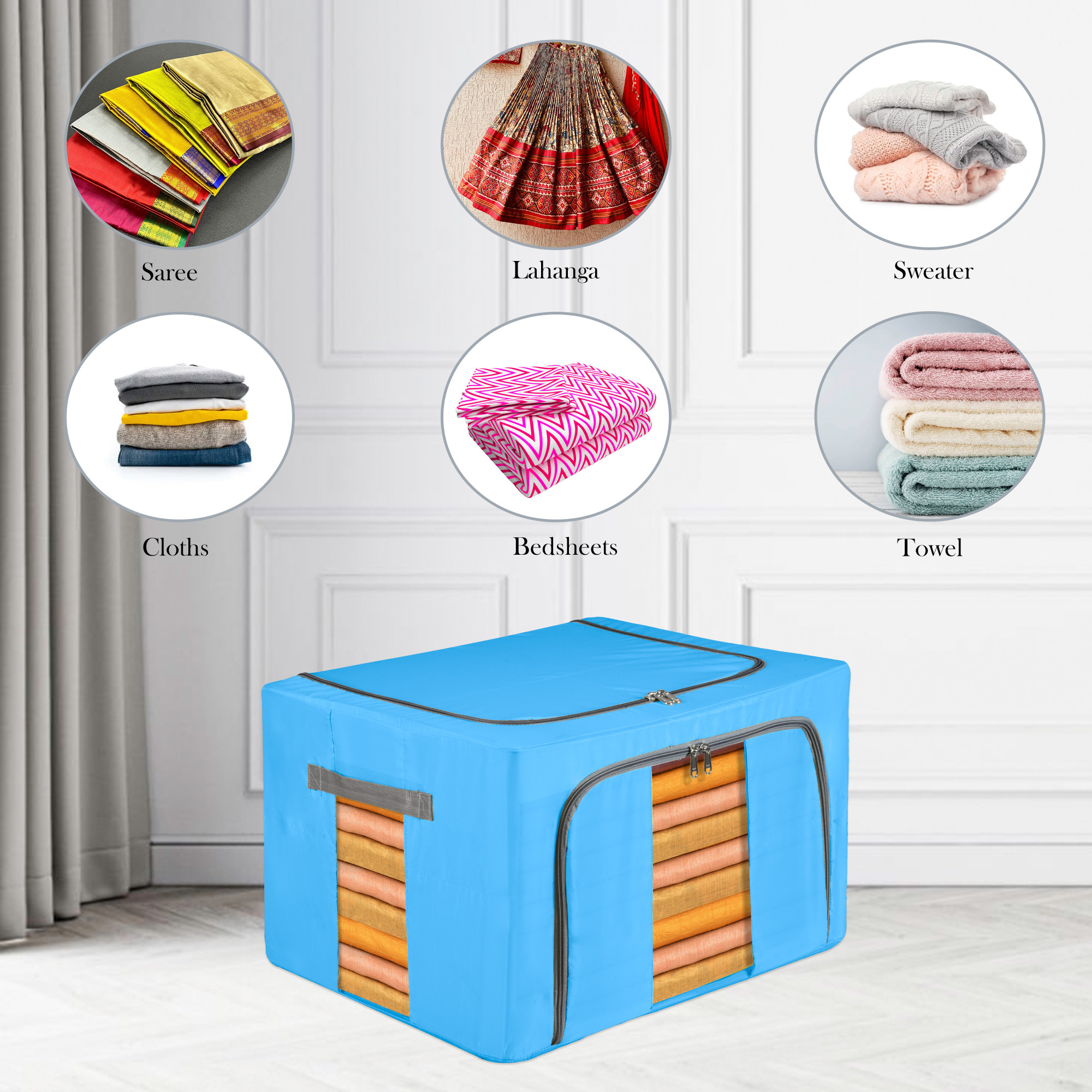 Kuber Industries 24 Liter Clothes Storage Box  Foldable Parachute Steel Frame Wardrobe Organizer  Waterproof Storage Box for Saree-Shirts  Blankets  Underbed Storage Bag  Sky Blue