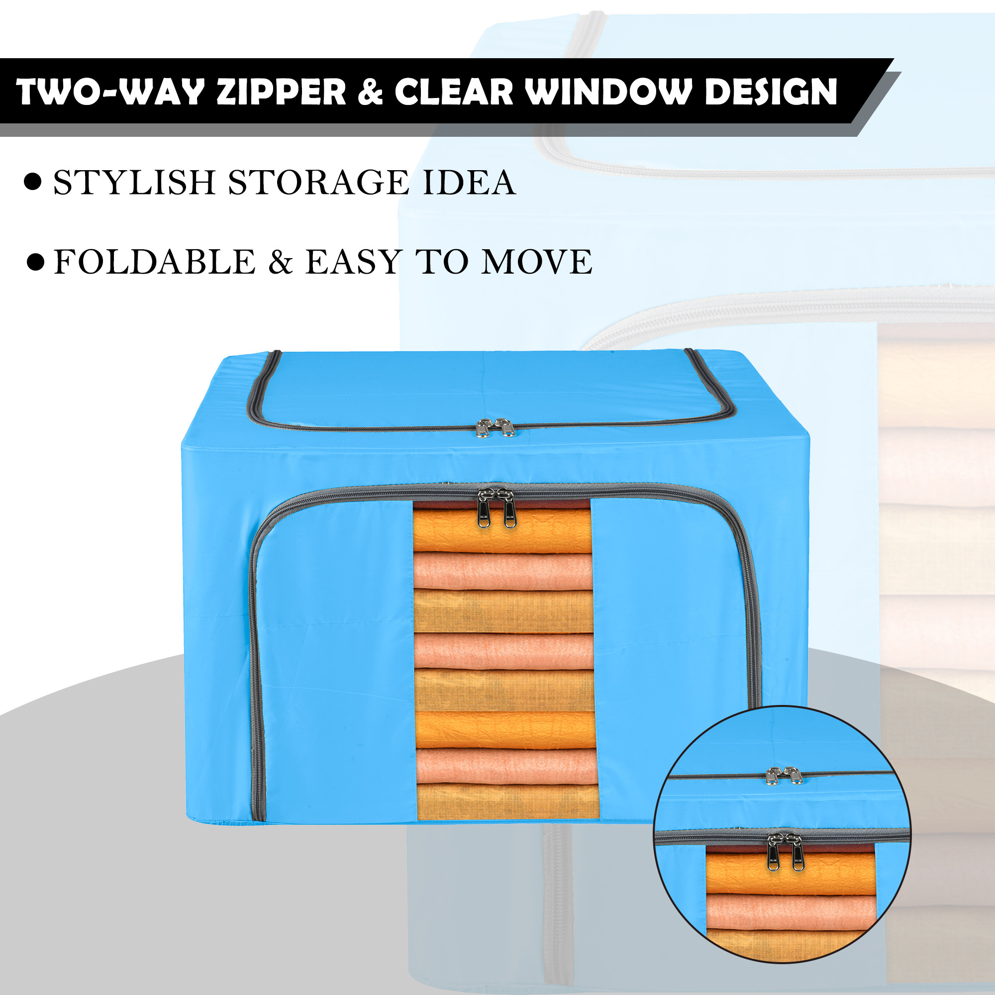Kuber Industries 24 Liter Clothes Storage Box  Foldable Parachute Steel Frame Wardrobe Organizer  Waterproof Storage Box for Saree-Shirts  Blankets  Underbed Storage Bag  Sky Blue