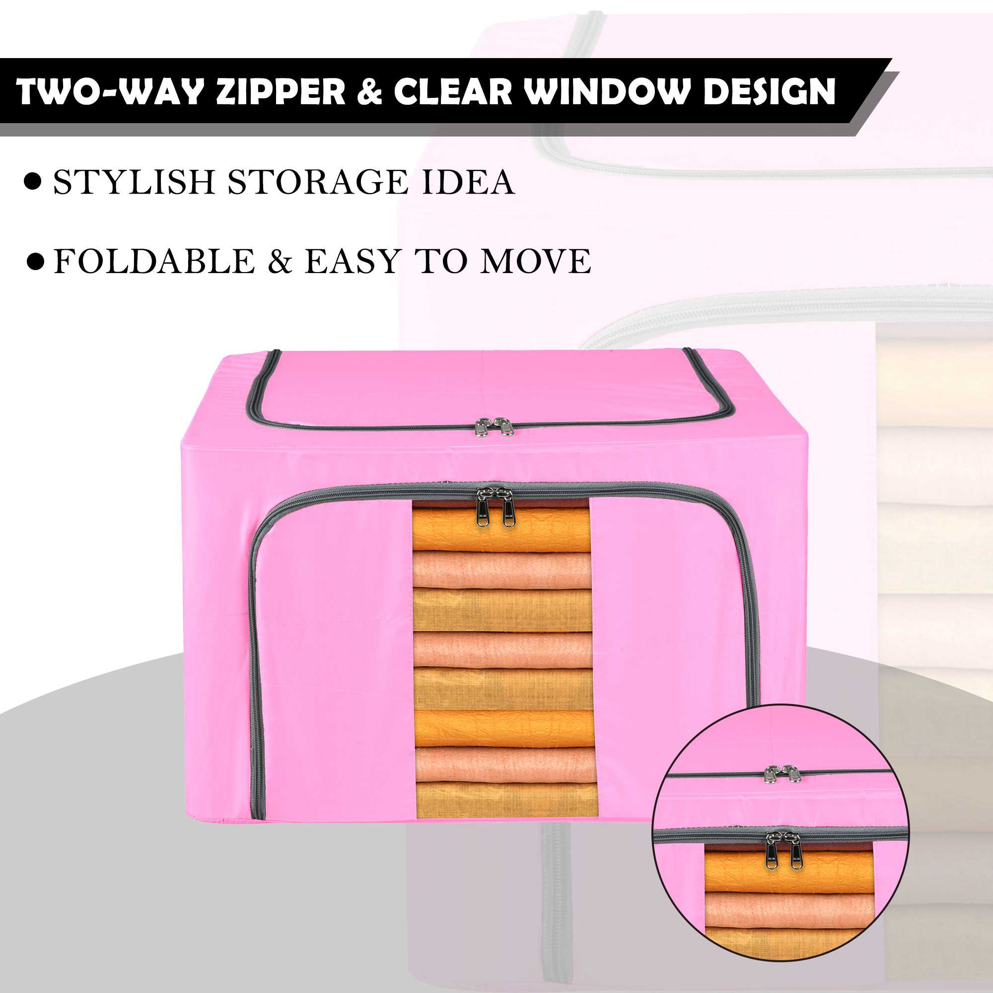 Kuber Industries 24 Liter Clothes Storage Box  Foldable Parachute Steel Frame Wardrobe Organizer  Waterproof Storage Box for Saree-Shirts  Blankets  Underbed Storage Bag  Pink