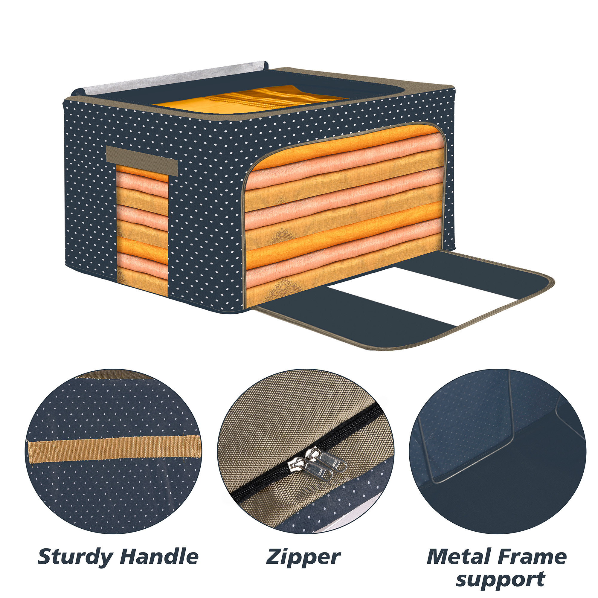Kuber Industries 24 Liter Clothes Storage Box  Foldable Steel Frame Clothes Organizer  Storage Box For Wardrobe-Saree-Shirts And Blankets  Underbed Storage Bag  Dot Print  Navy Blue