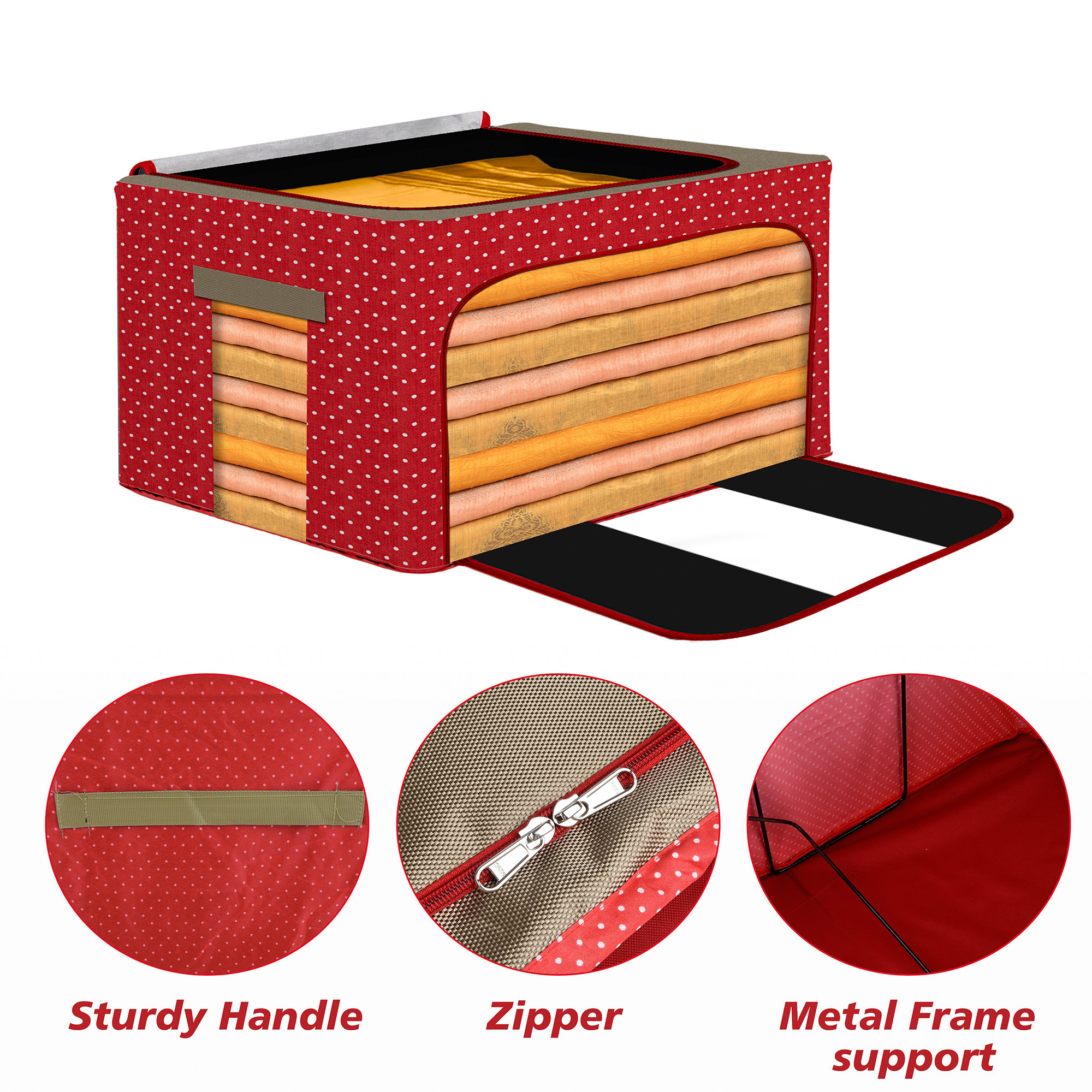Kuber Industries 24 Liter Clothes Storage Box  Foldable Steel Frame Clothes Organizer  Storage Box For Wardrobe-Saree-Shirts And Blankets  Underbed Storage Bag  Dot Print  Red  Brown