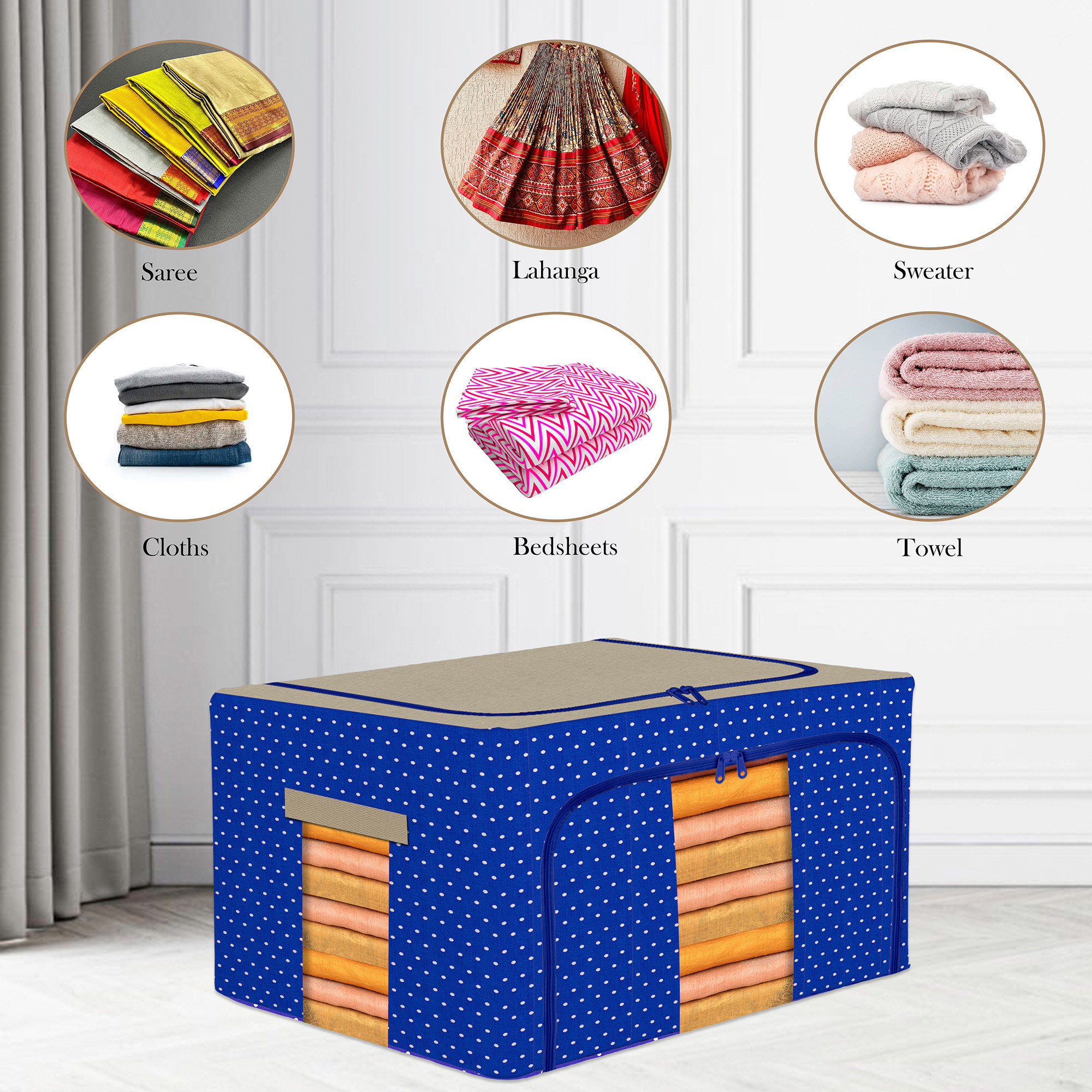 Kuber Industries 24 Liter Clothes Storage Box  Foldable Steel Frame Clothes Organizer  Storage Box For Wardrobe-Saree-Shirts And Blankets  Underbed Storage Bag  Dot Print  Royal Blue