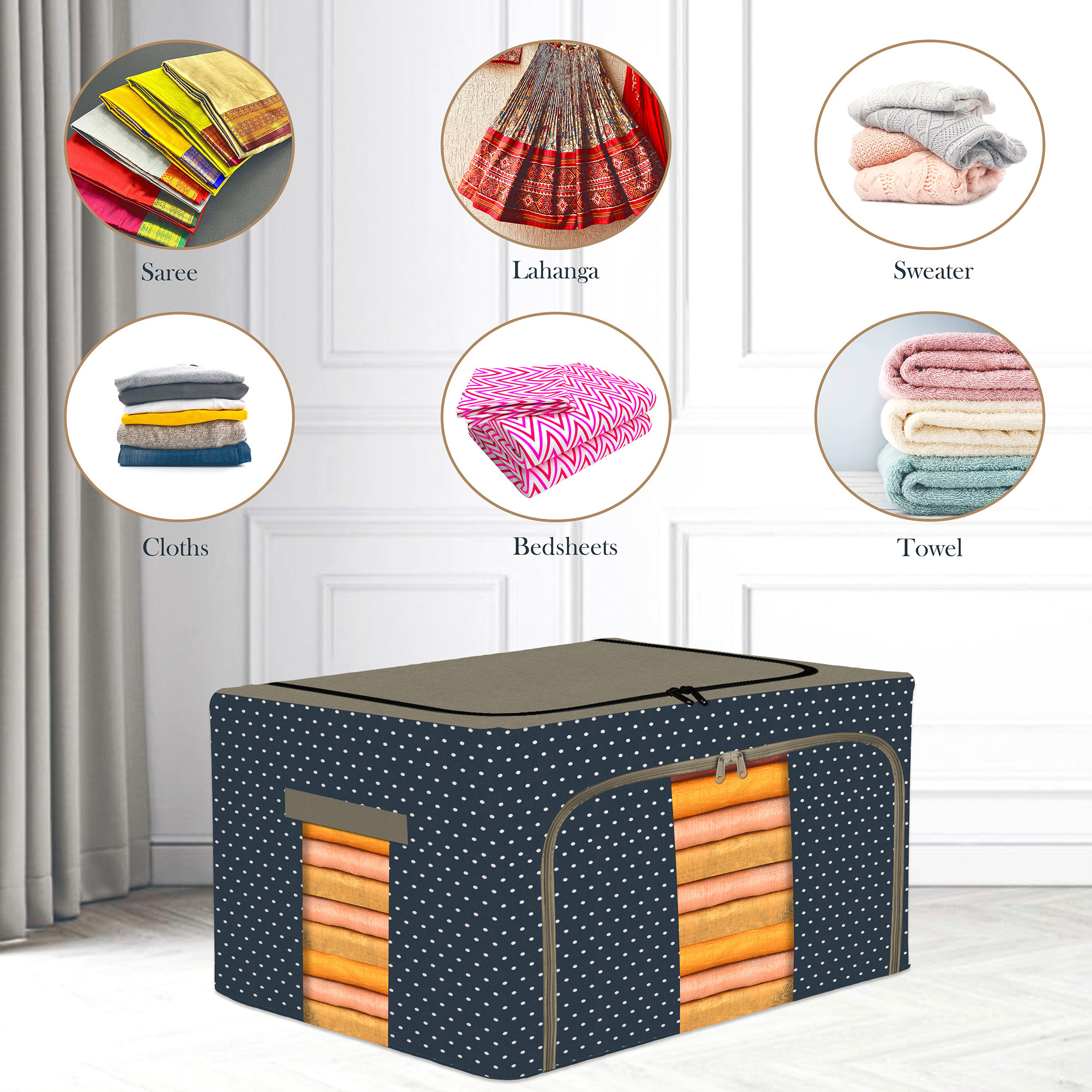 Kuber Industries 24 Liter Clothes Storage Box  Foldable Steel Frame Clothes Organizer  Storage Box For Wardrobe-Saree-Shirts And Blankets  Underbed Storage Bag  Dot Print  Navy Blue