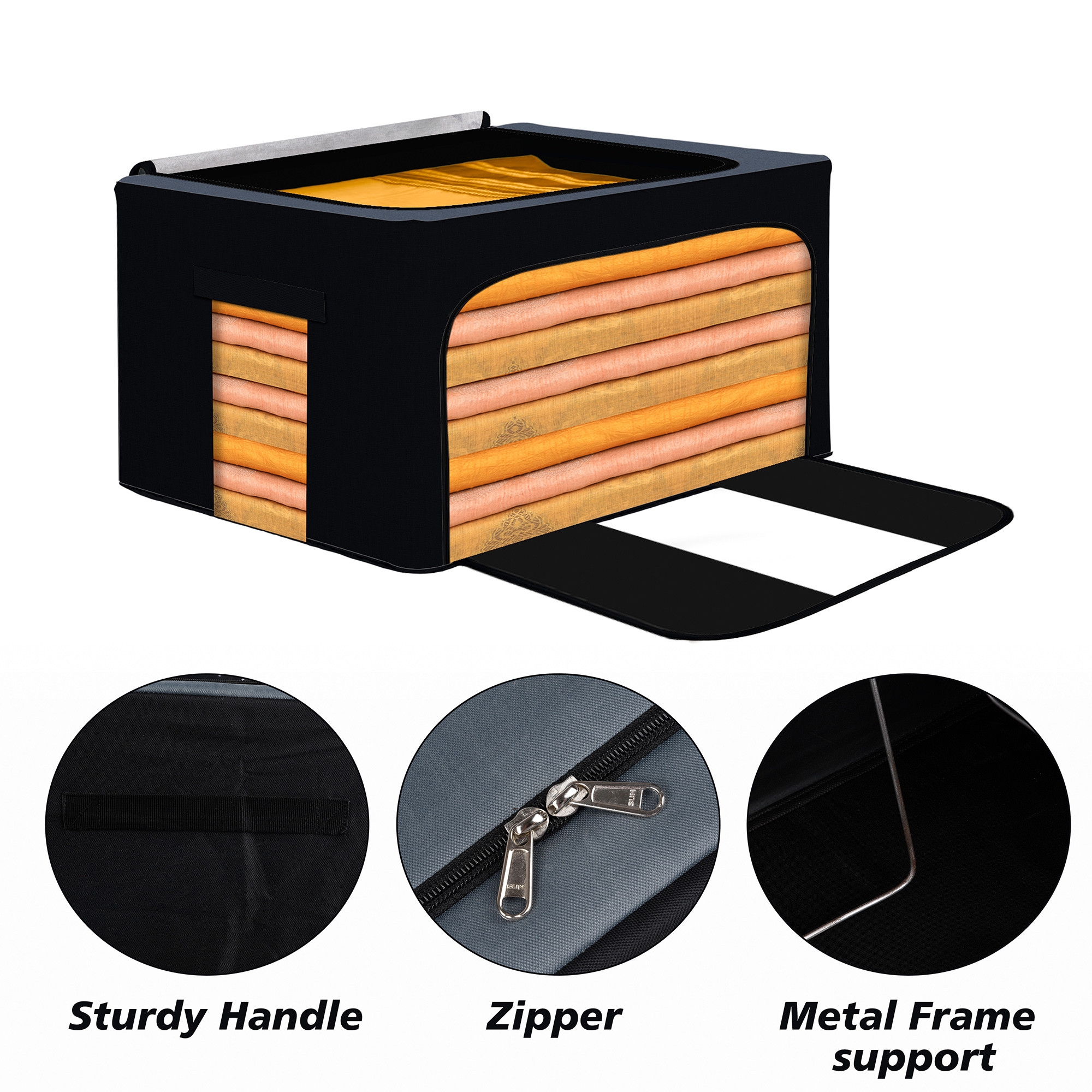 Kuber Industries 24 Liter Clothes Storage Box  Storage Box For Wardrobe-Saree-Shirts And Blankets  Foldable Steel Frame Clothes Organizer  Underbed Storage Bag  Grey  Black