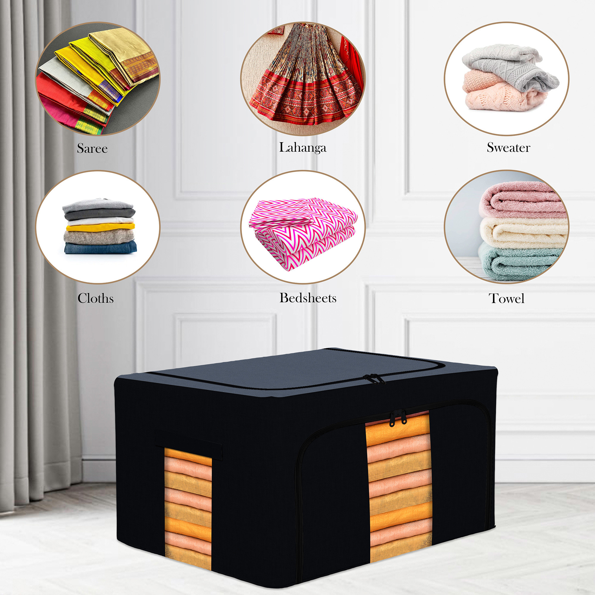 Kuber Industries 24 Liter Clothes Storage Box  Storage Box For Wardrobe-Saree-Shirts And Blankets  Foldable Steel Frame Clothes Organizer  Underbed Storage Bag  Grey  Black