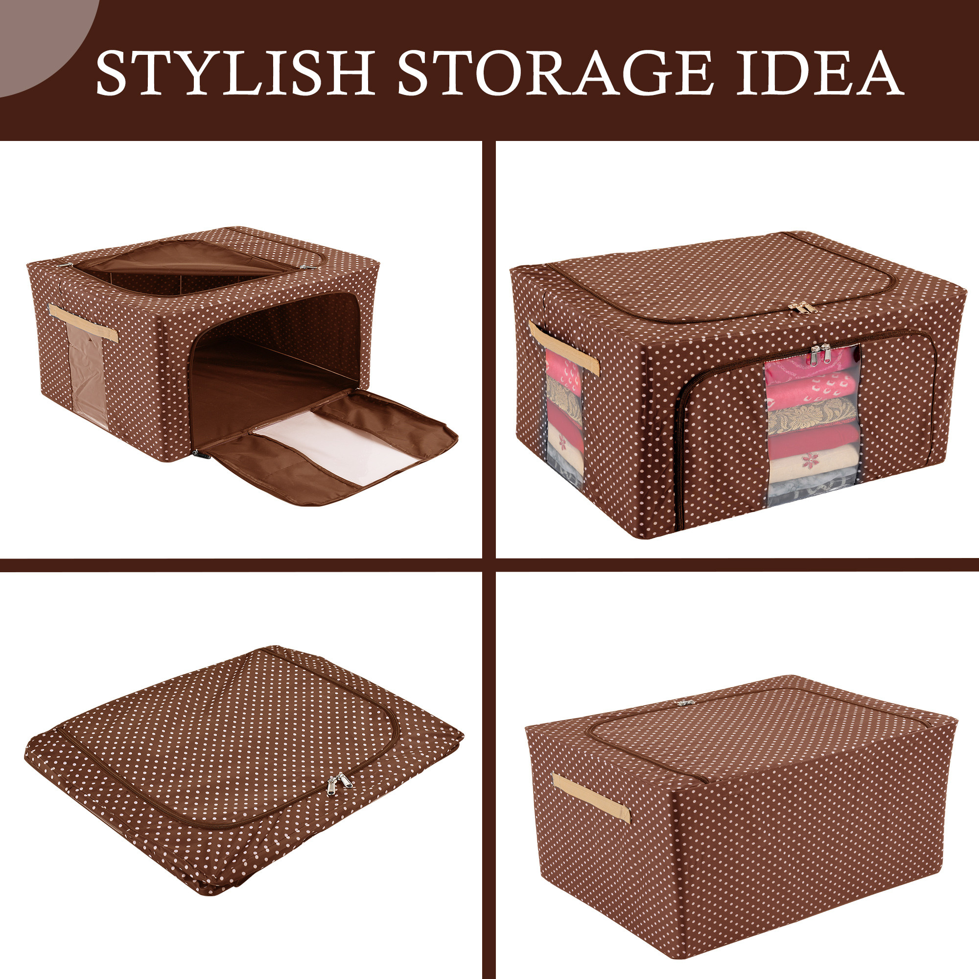 Kuber Industries 24 Liter Clothes Storage Box  Wardrobe Organizer  Parachute Steel Frame Drawer Organizer  Waterproof Underbed Storage Bag  Storage Box for Blankets  Dot Print  Brown