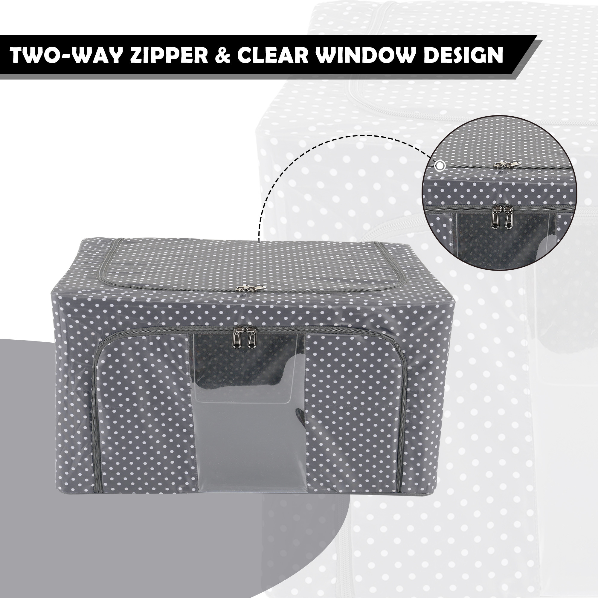 Kuber Industries 24 Liter Clothes Storage Box  Wardrobe Organizer  Parachute Steel Frame Drawer Organizer  Waterproof Underbed Storage Bag  Storage Box for Blankets  Dot Print  Grey