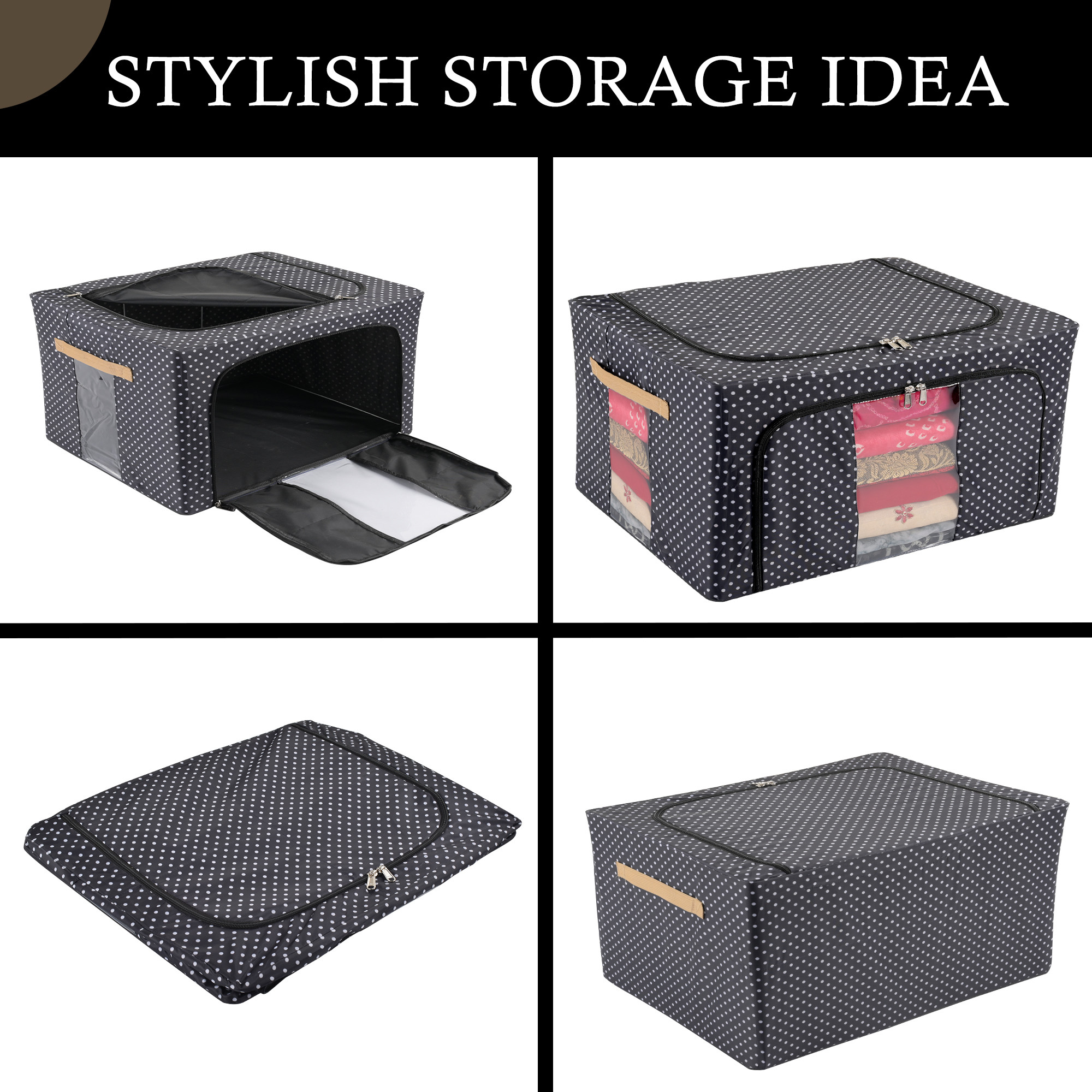 Kuber Industries 24 Liter Clothes Storage Box  Wardrobe Organizer  Parachute Steel Frame Drawer Organizer  Waterproof Underbed Storage Bag  Storage Box for Blankets  Dot Print  Black