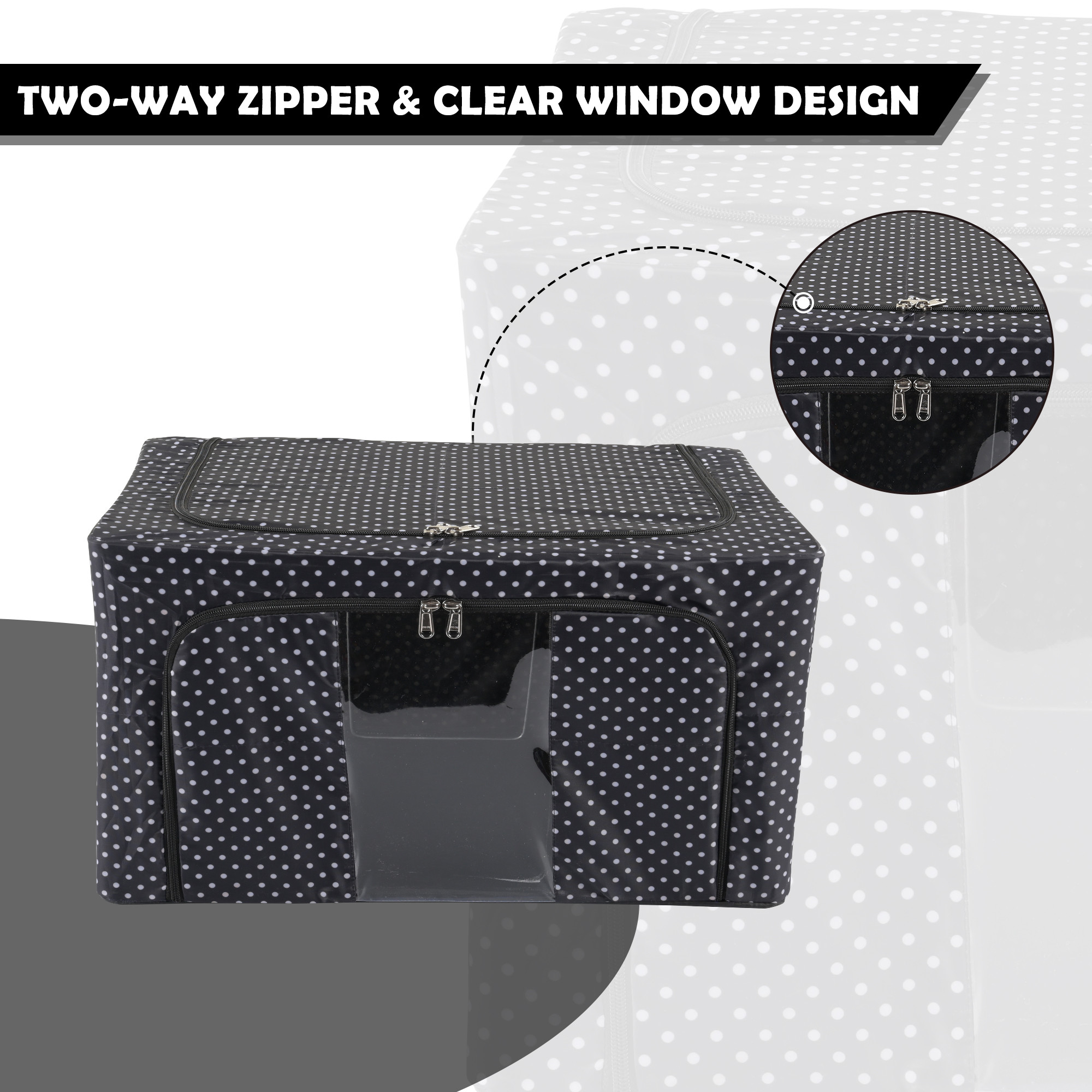 Kuber Industries 24 Liter Clothes Storage Box  Wardrobe Organizer  Parachute Steel Frame Drawer Organizer  Waterproof Underbed Storage Bag  Storage Box for Blankets  Dot Print  Black