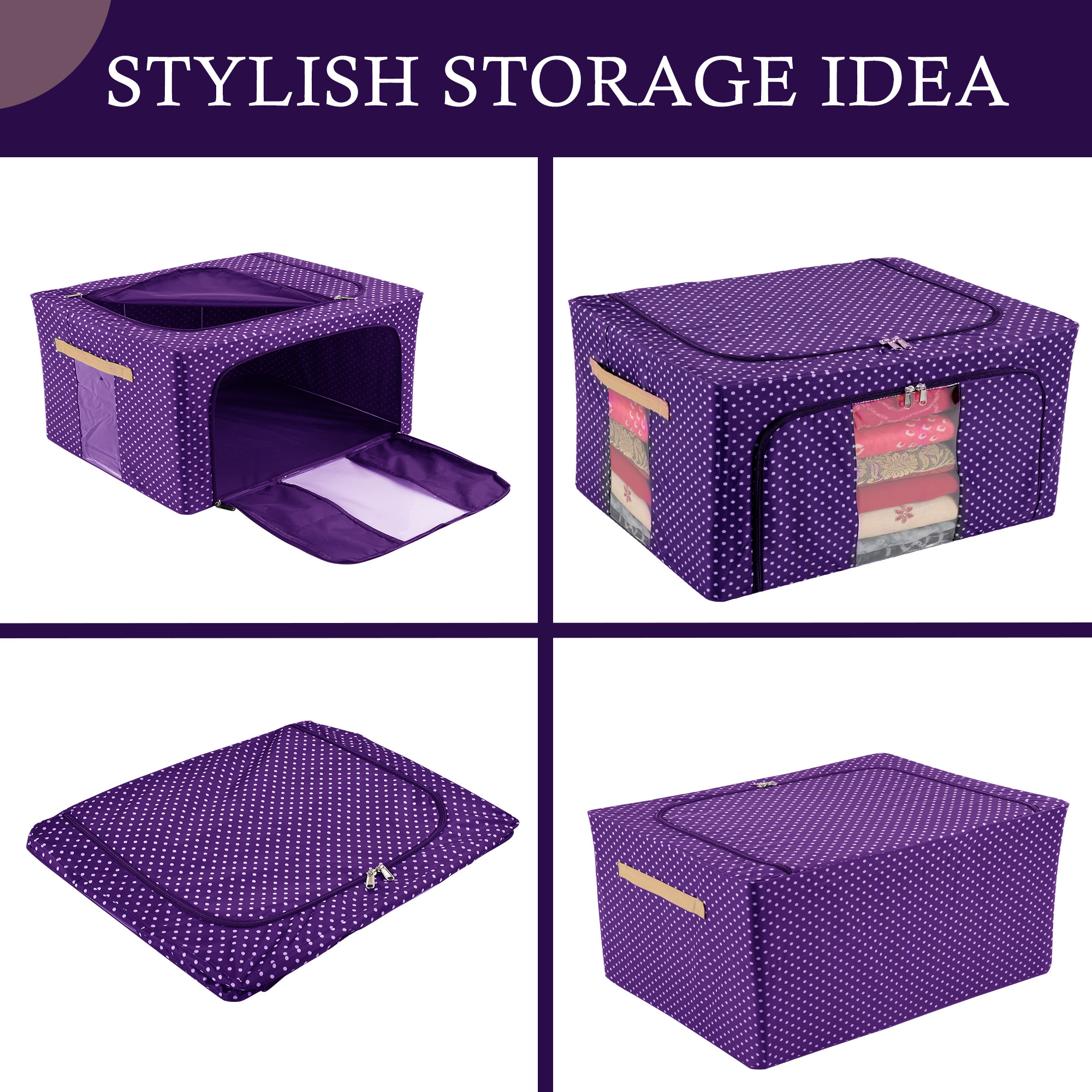 Kuber Industries 24 Liter Clothes Storage Box  Wardrobe Organizer  Parachute Steel Frame Drawer Organizer  Waterproof Underbed Storage Bag  Storage Box for Blankets  Dot Print  Blue