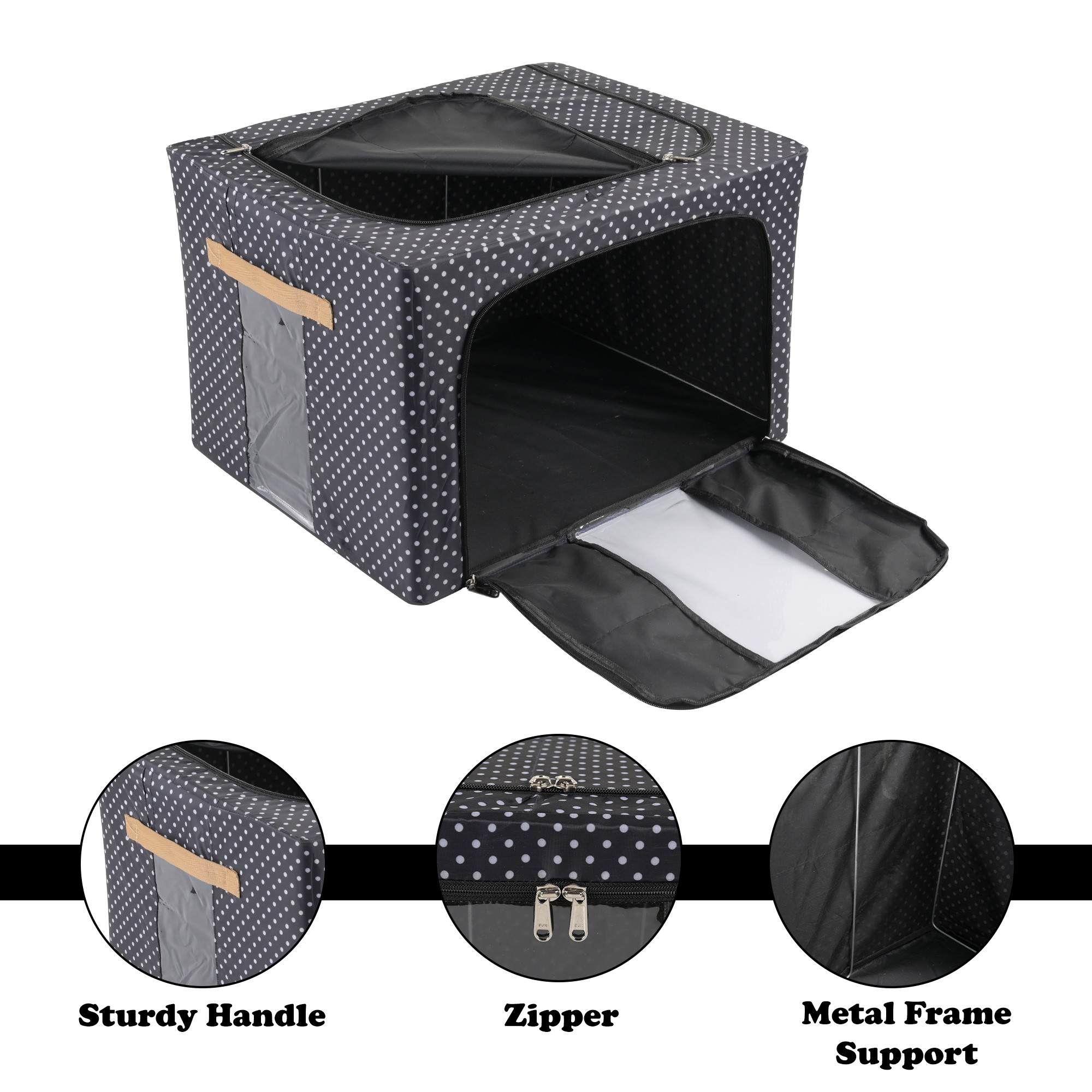 Kuber Industries 24 Liter Clothes Storage Box  Wardrobe Organizer  Parachute Steel Frame Drawer Organizer  Waterproof Underbed Storage Bag  Storage Box for Blankets  Dot Print  Black