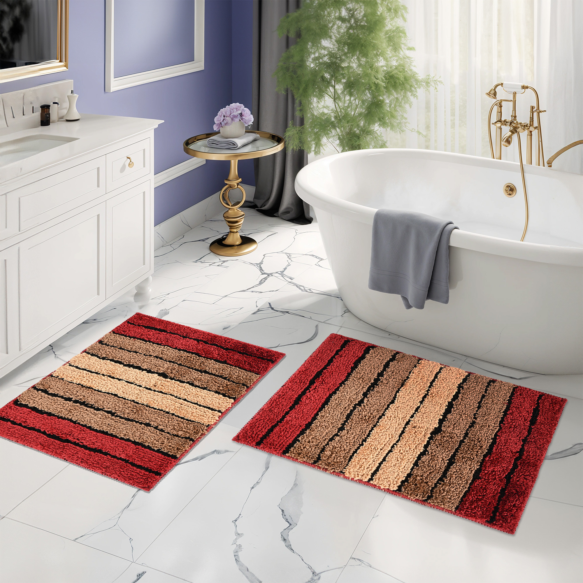 Kuber Industries 24x16 Inches Rectangle Anti Skid  Super Soft Door Mats for Home  Rainy Season Mats for Floor  Footmats for Bedroom Kitchen  Balcony  Stripes - Cream  Maroon