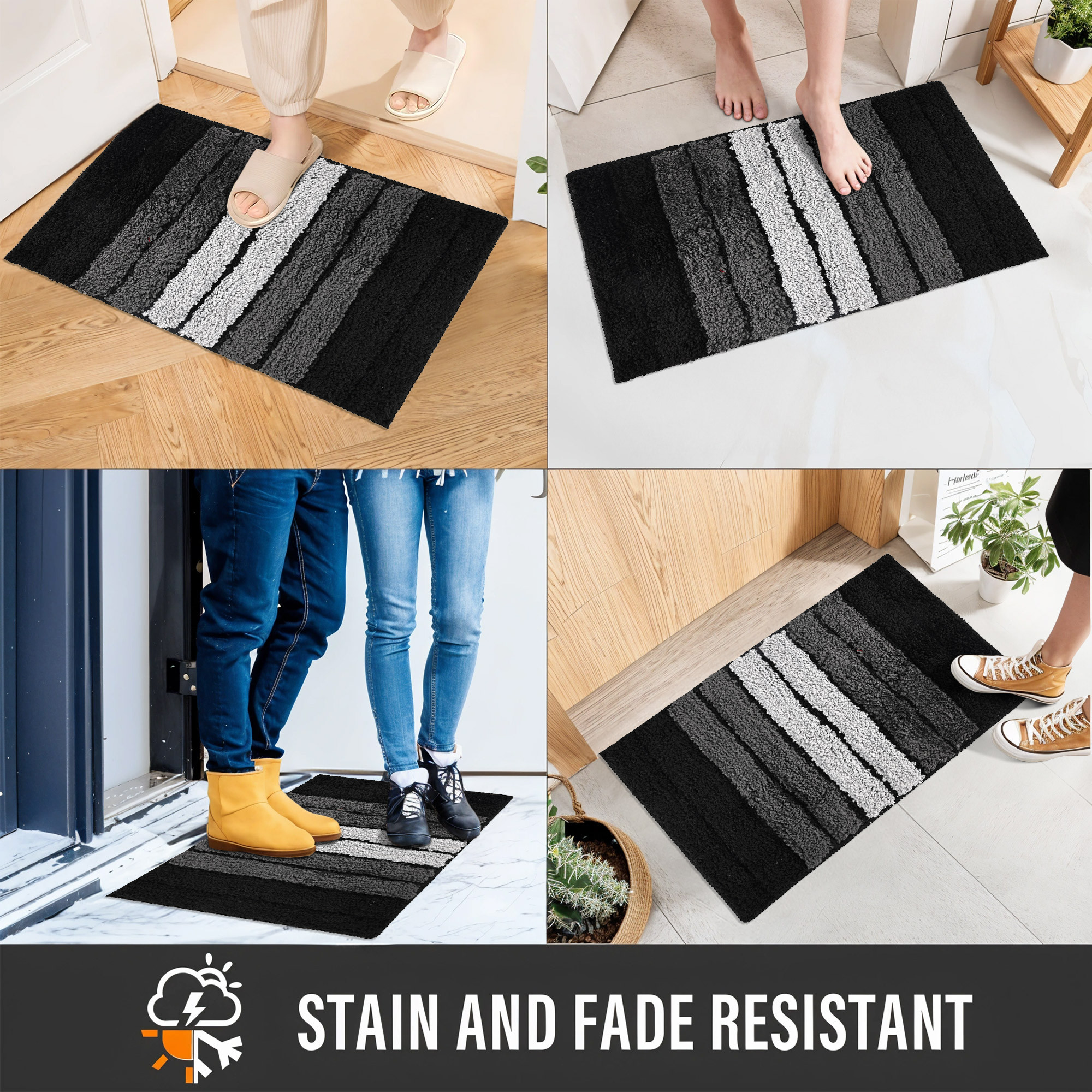 Kuber Industries 24x16 Inches Rectangle Anti Skid  Super Soft Door Mats for Home  Rainy Season Mats for Floor  Footmats for Bedroom Kitchen  Balcony  Stripes - Grey  Black