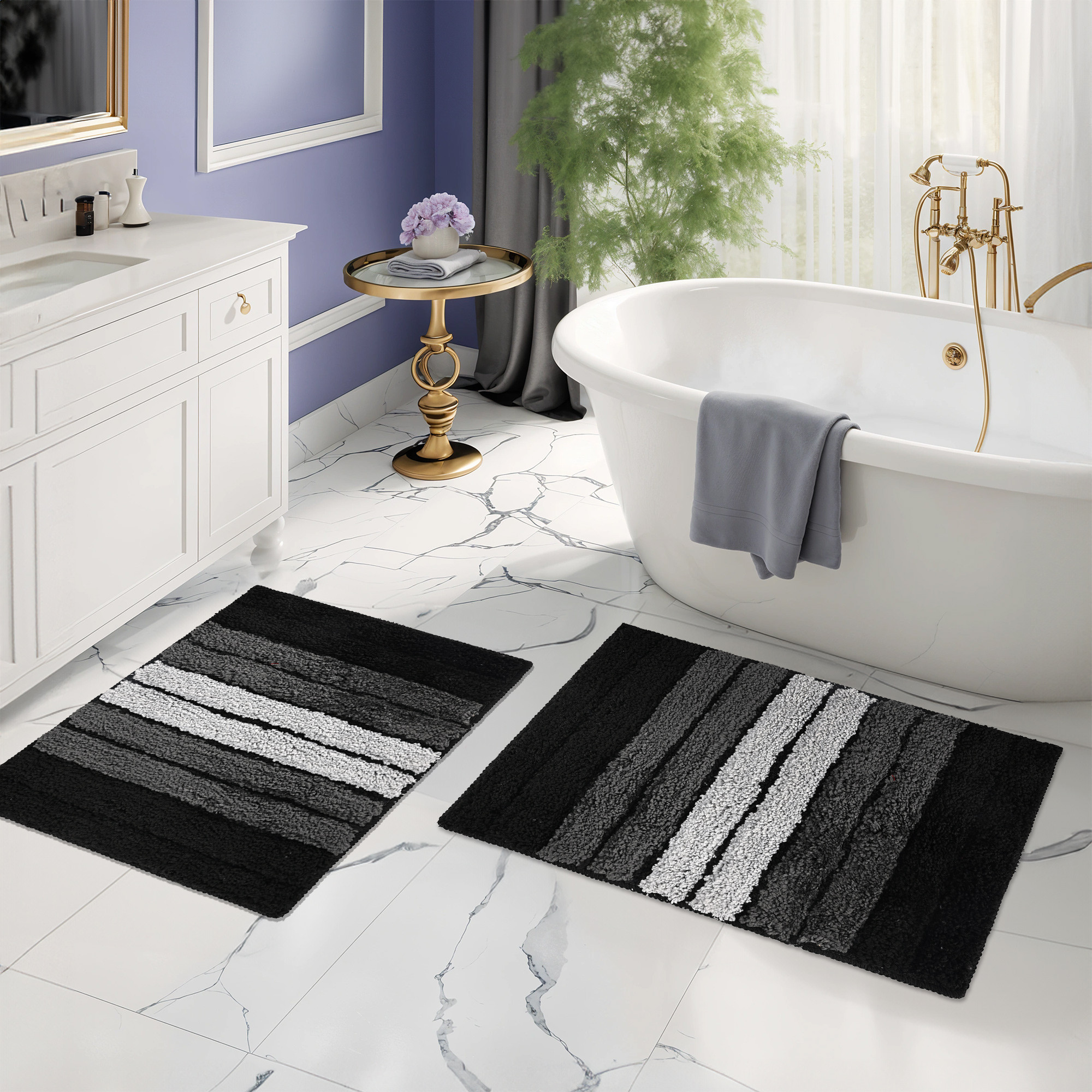 Kuber Industries 24x16 Inches Rectangle Anti Skid  Super Soft Door Mats for Home  Rainy Season Mats for Floor  Footmats for Bedroom Kitchen  Balcony  Stripes - Grey  Black