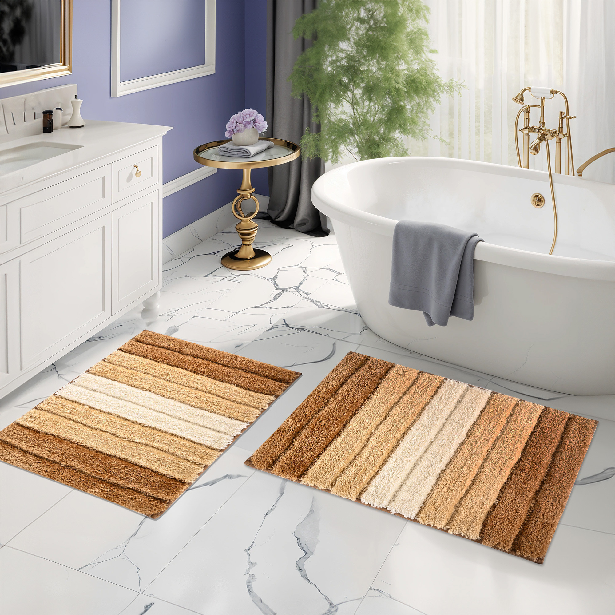 Kuber Industries 24x16 Inches Rectangle Anti Skid  Super Soft Door Mats for Home  Rainy Season Mats for Floor  Footmats for Bedroom Kitchen  Balcony  Stripes - Cream  Brown