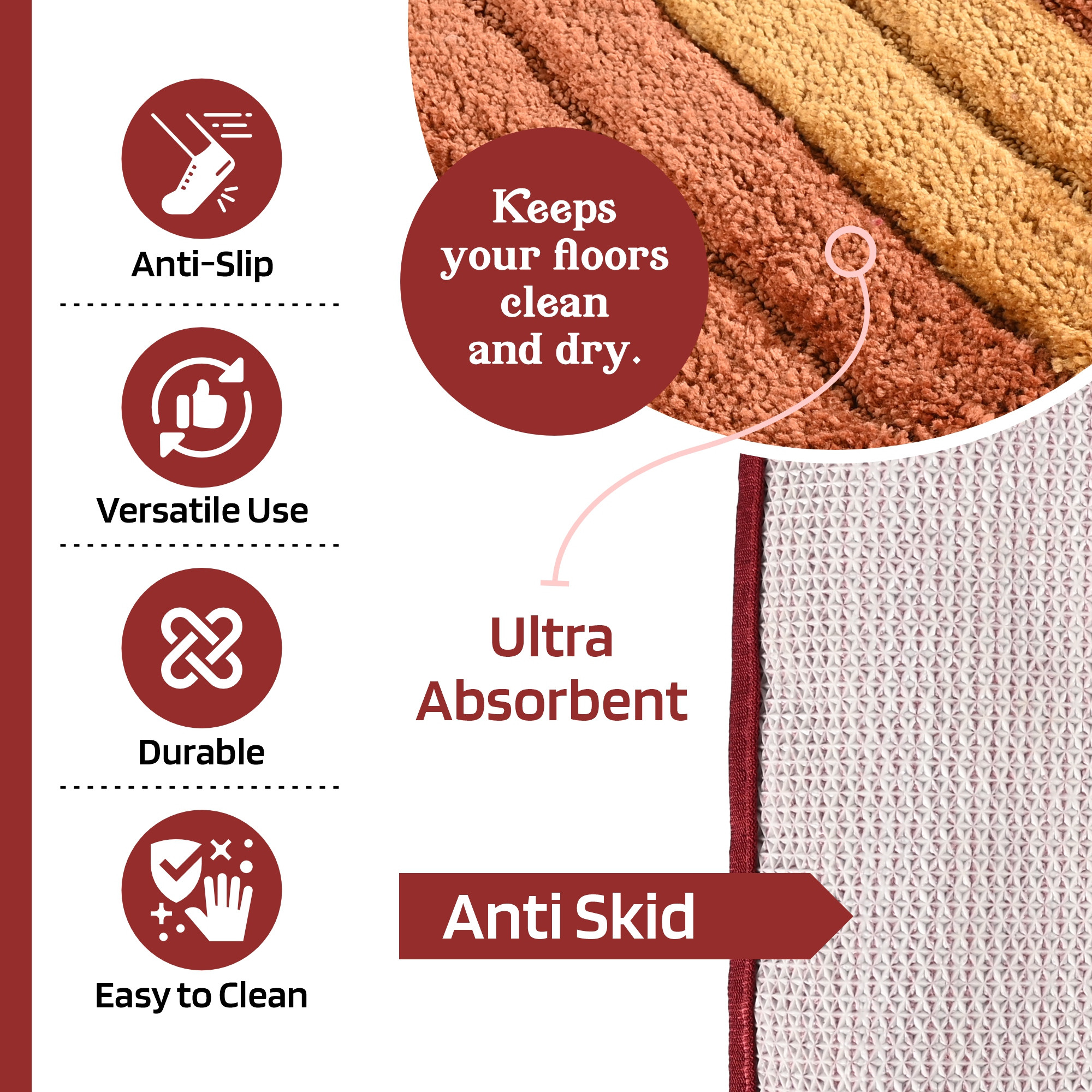 Kuber Industries 24x16 Inches Rectangle Anti Skid  Super Soft Door Mats for Home  Rainy Season Mats for Floor  Footmats for Bedroom Kitchen  Balcony  Stripes - Red  Brown