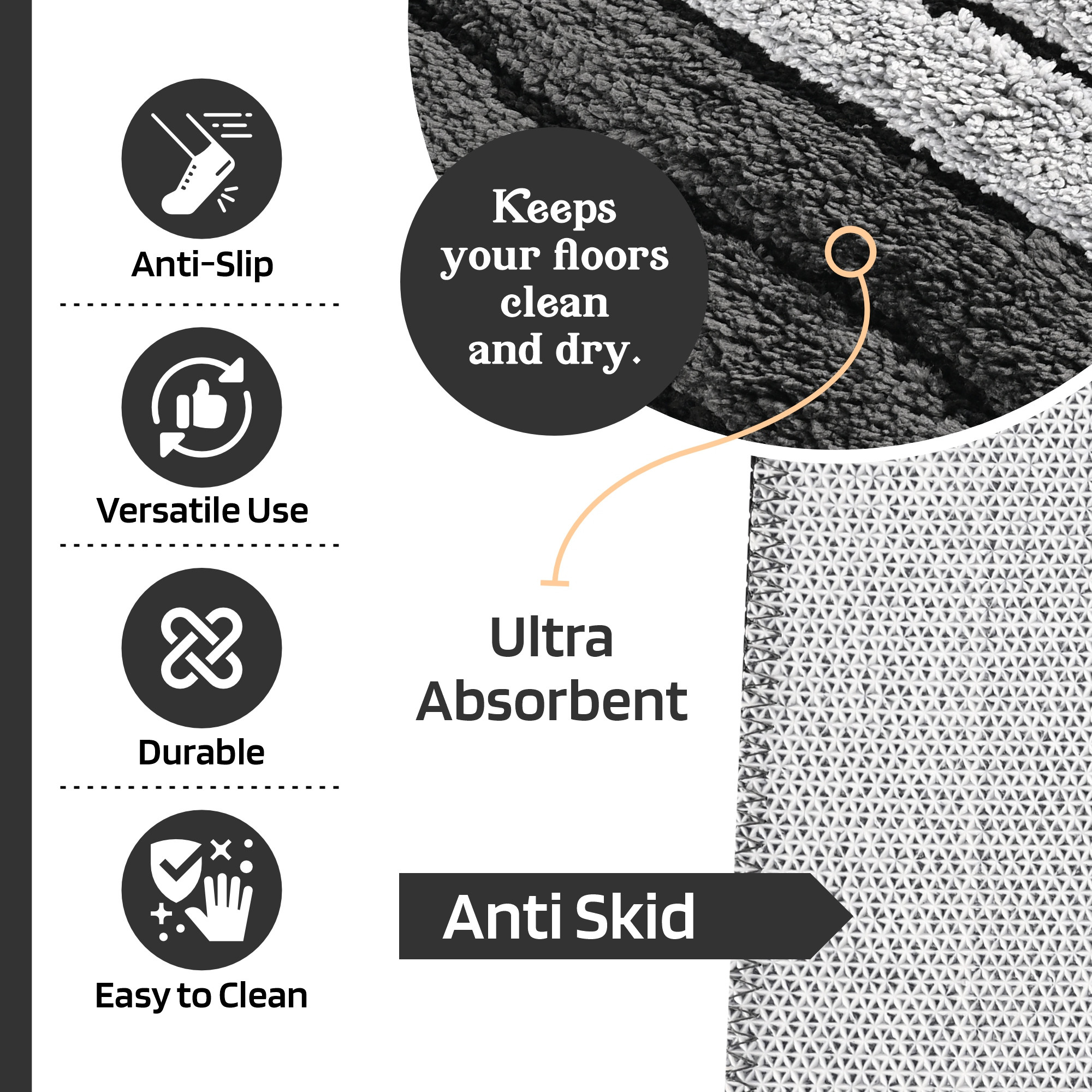 Kuber Industries 24x16 Inches Rectangle Anti Skid  Super Soft Door Mats for Home  Rainy Season Mats for Floor  Footmats for Bedroom Kitchen  Balcony  Stripes - Grey  Black