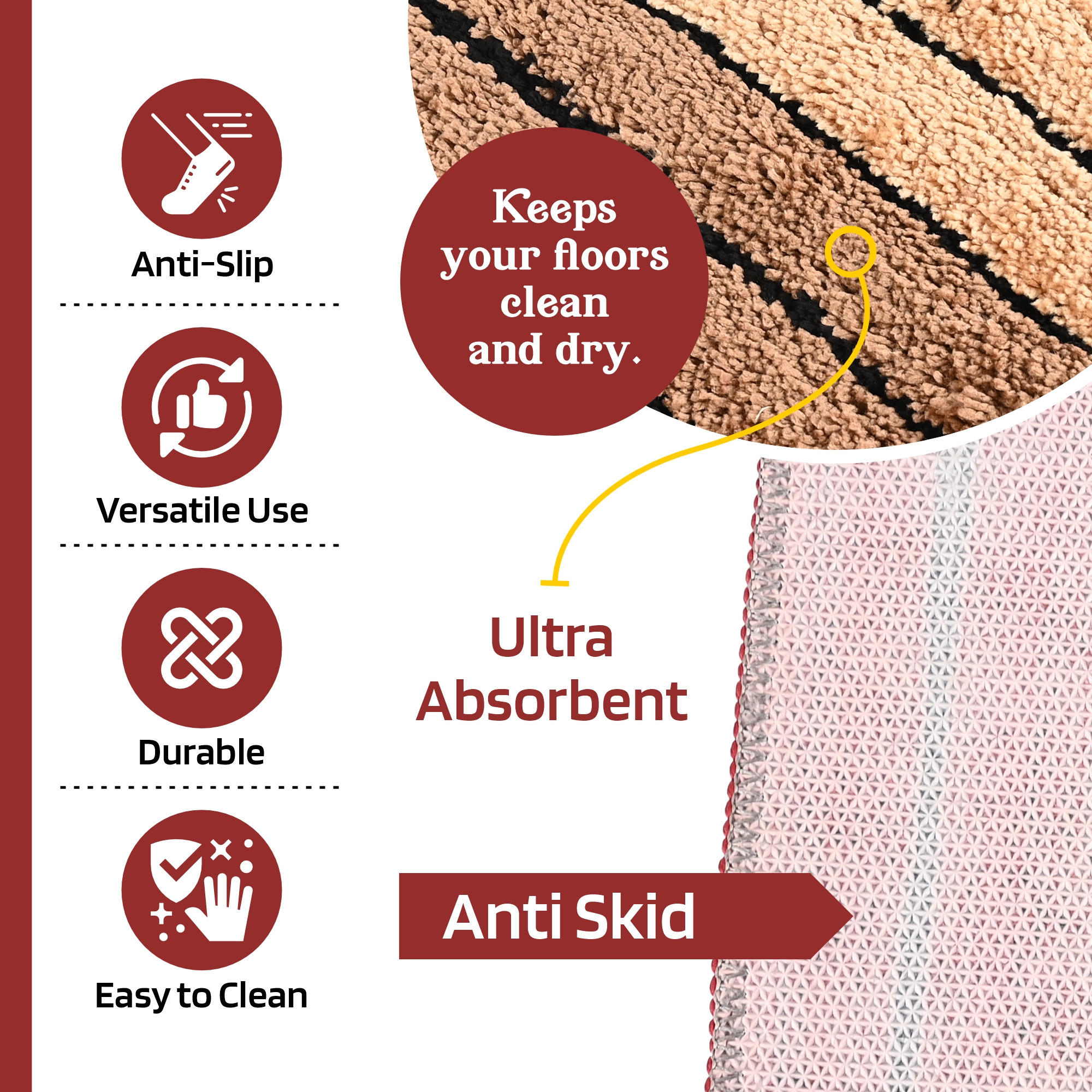 Kuber Industries 24x16 Inches Rectangle Anti Skid  Super Soft Door Mats for Home  Rainy Season Mats for Floor  Footmats for Bedroom Kitchen  Balcony  Stripes - Cream  Maroon