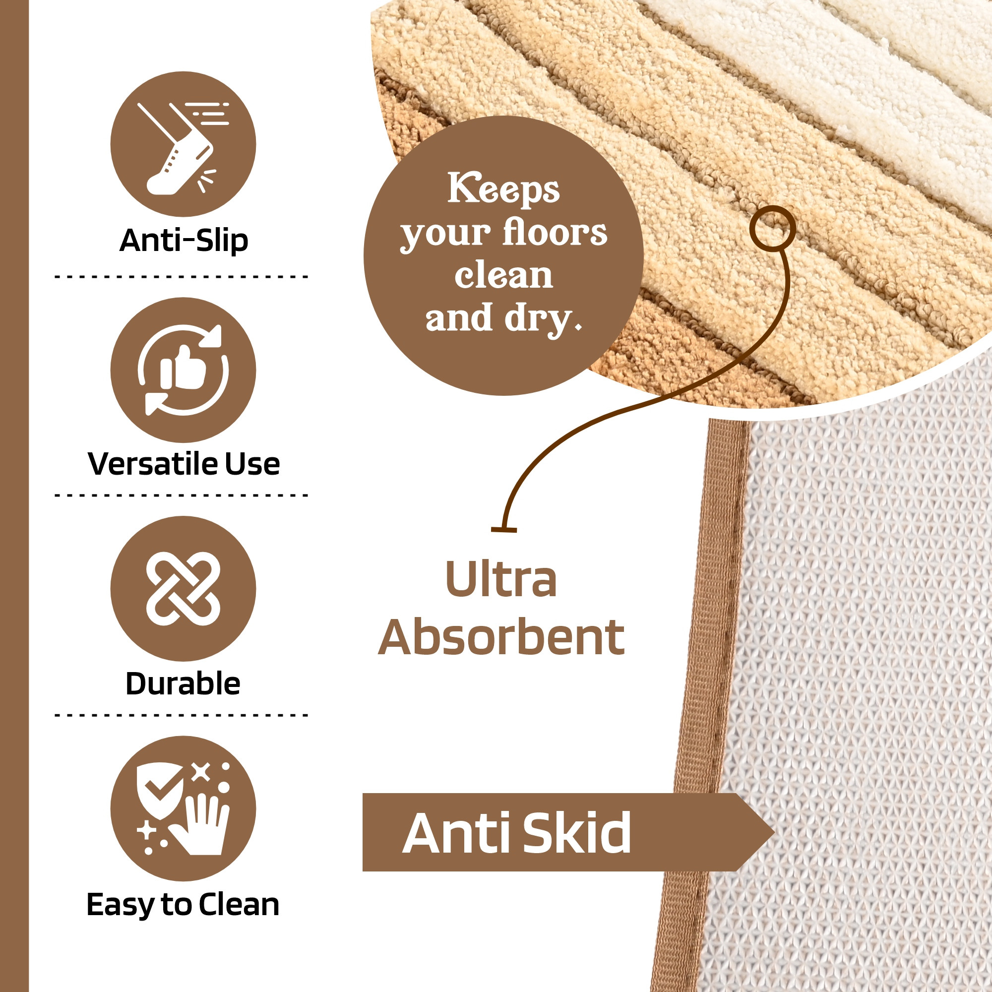 Kuber Industries 24x16 Inches Rectangle Anti Skid  Super Soft Door Mats for Home  Rainy Season Mats for Floor  Footmats for Bedroom Kitchen  Balcony  Stripes - Cream  Brown