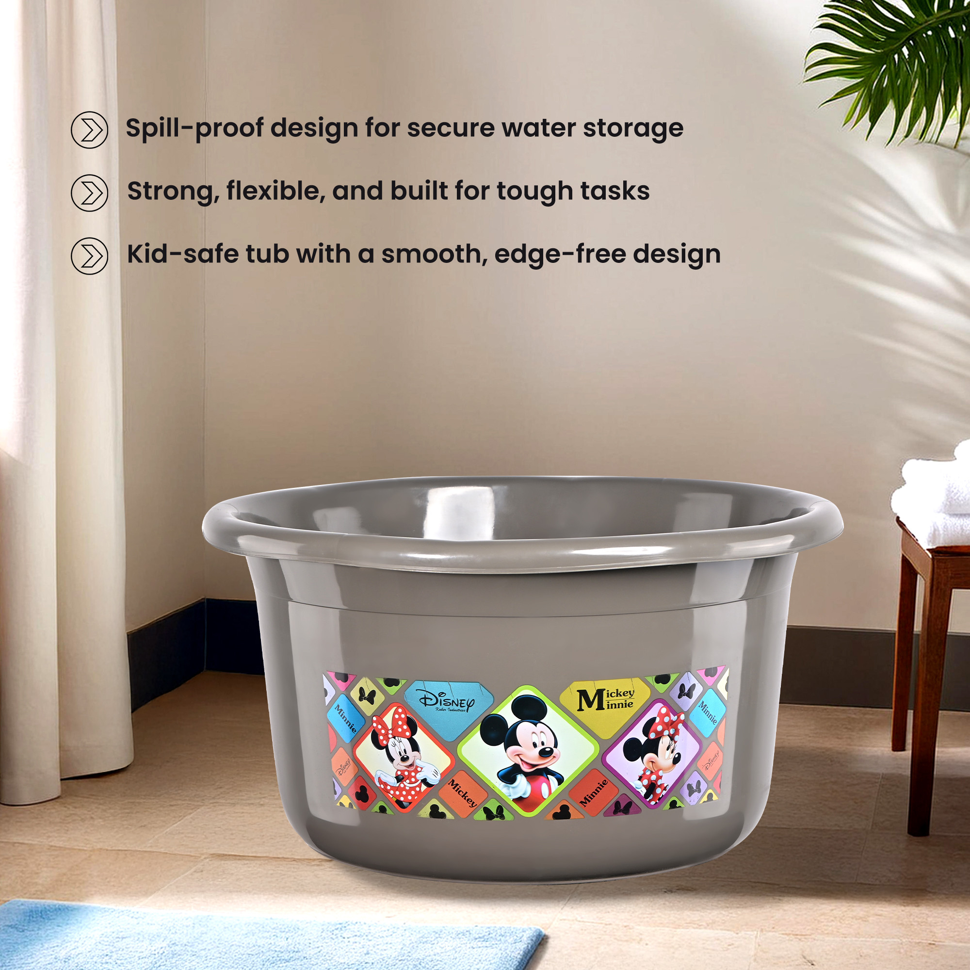 Kuber Industries 25 Ltr Bath Tub Plastic For Home Washroom  Kitchen  Disney Check  Lightweight  Multipurpose Washing Tub - Suitable For Laundry And Cleaning  Grey
