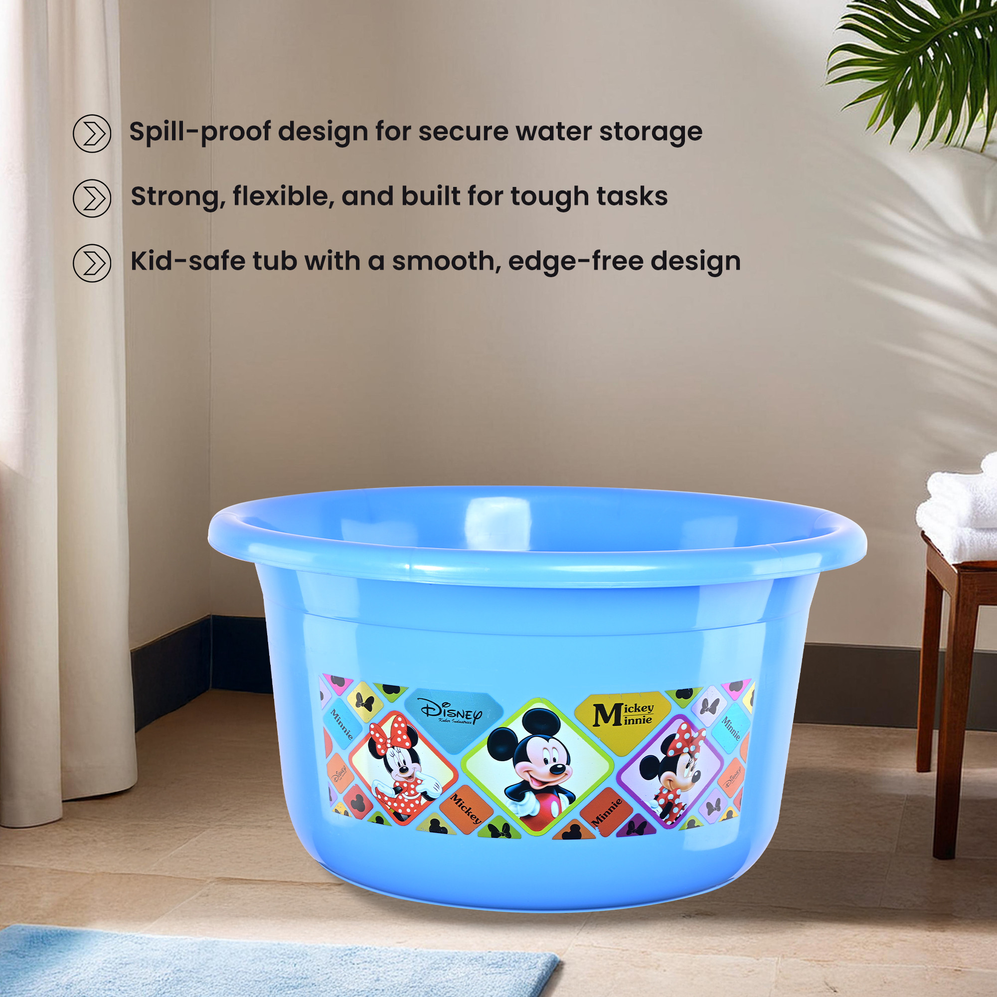 Kuber Industries 25 Ltr Bath Tub Plastic For Home Washroom  Kitchen  Disney Check  Lightweight  Multipurpose Washing Tub - Suitable For Laundry And Cleaning  Blue