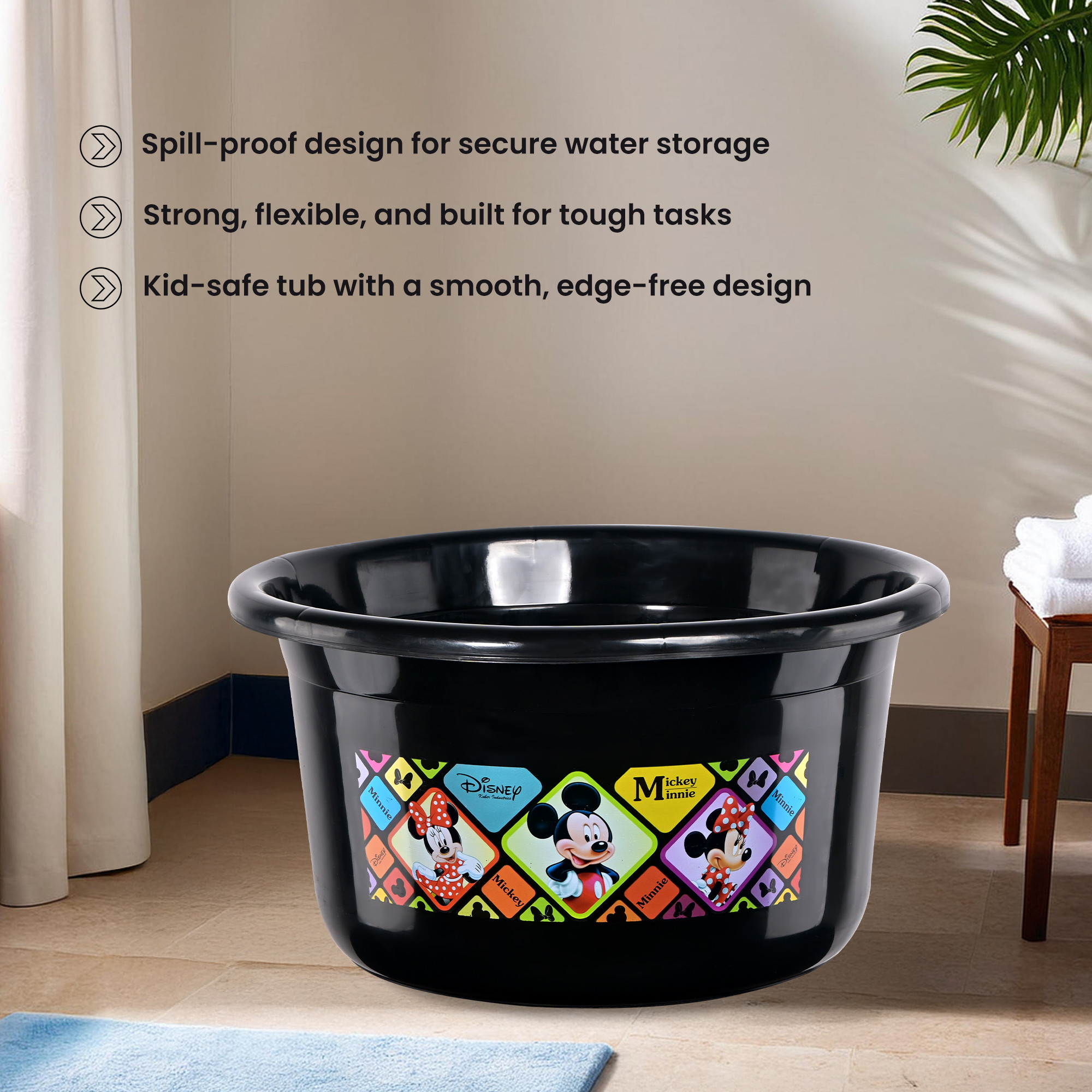 Kuber Industries 25 Ltr Bath Tub Plastic For Home Washroom  Kitchen  Disney Check  Lightweight  Multipurpose Washing Tub - Suitable For Laundry And Cleaning  Black