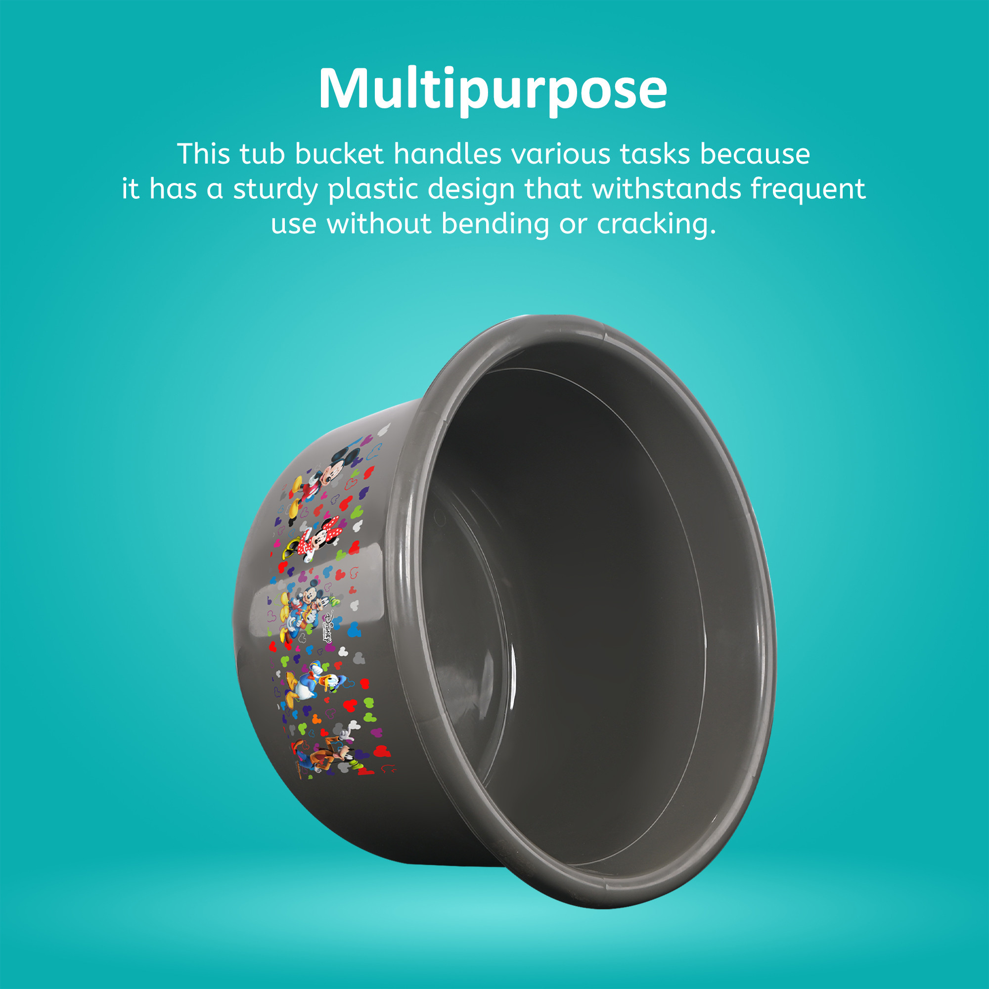 Kuber Industries 25 Ltr Bath Tub Plastic For Home Washroom  Kitchen  Disney Print  Lightweight  Multipurpose Washing Tub - Suitable For Laundry And Cleaning  Grey