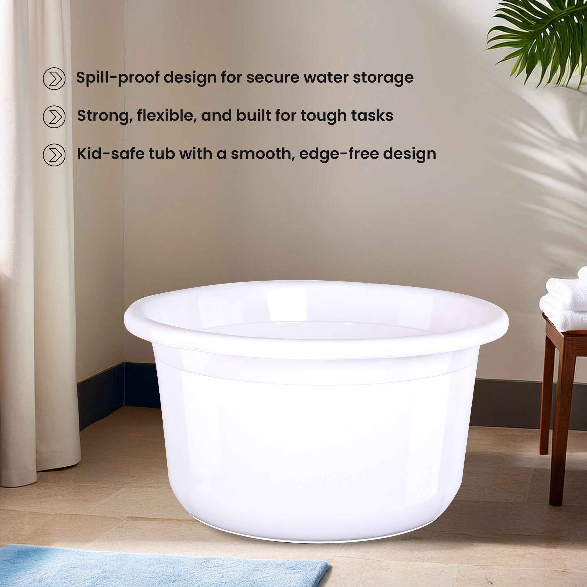 Kuber Industries 25 Ltr Bath Tub Plastic For Home Washroom  Kitchen  Lightweight  Multipurpose Washing Tub - Suitable For Laundry And Cleaning  White