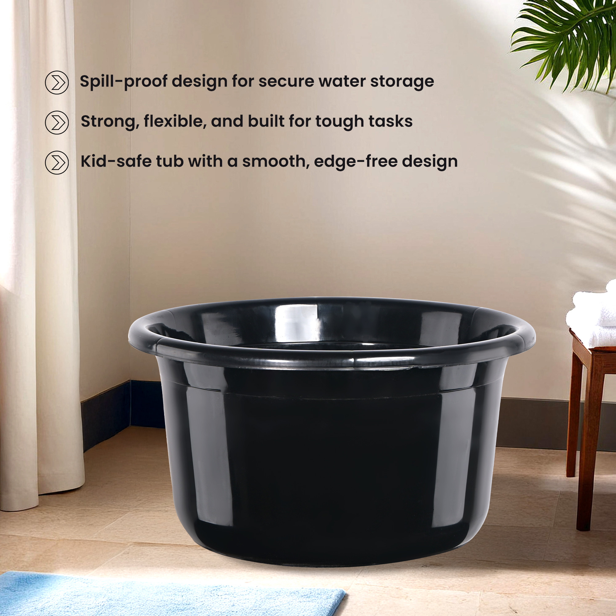Kuber Industries 25 Ltr Bath Tub Plastic For Home Washroom  Kitchen  Lightweight  Multipurpose Washing Tub - Suitable For Laundry And Cleaning  Black