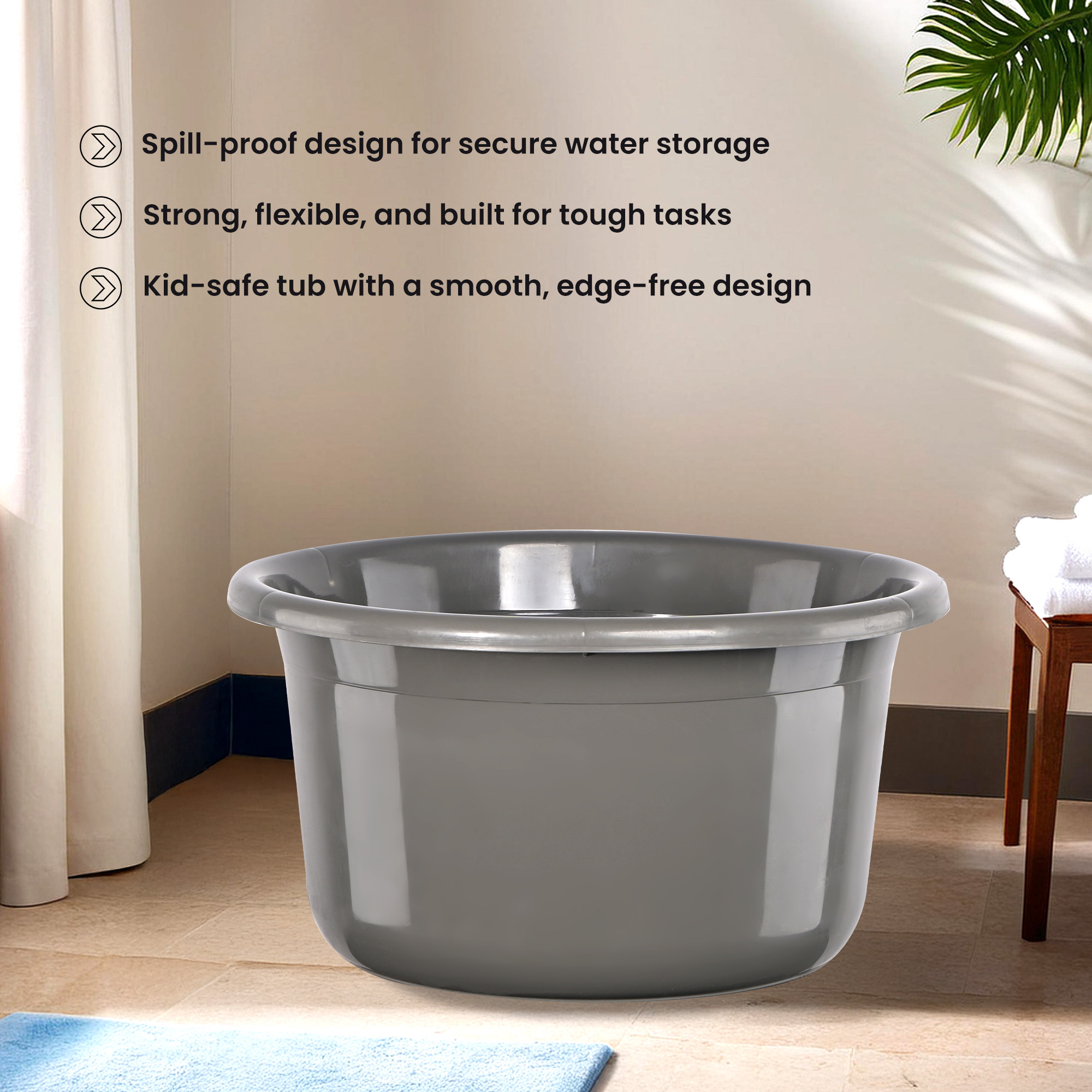 Kuber Industries 25 Ltr Bath Tub Plastic For Home Washroom  Kitchen  Lightweight  Multipurpose Washing Tub - Suitable For Laundry And Cleaning  Grey