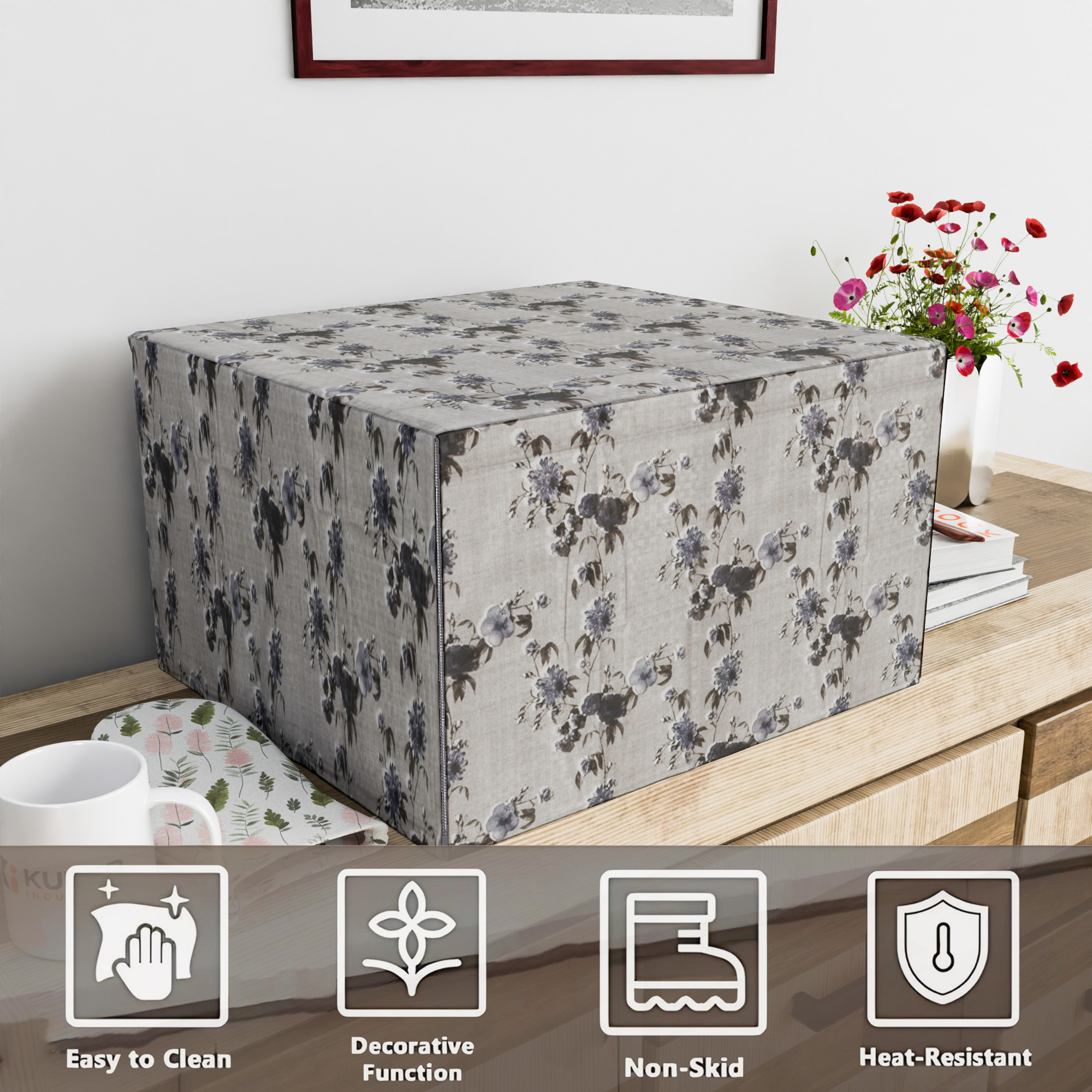 Kuber Industries 25 Ltr Dustproof Full Microwave Cover  Otg Oven Accessories for Durable  Dustroof Kitchen Decor  Flowers Grey