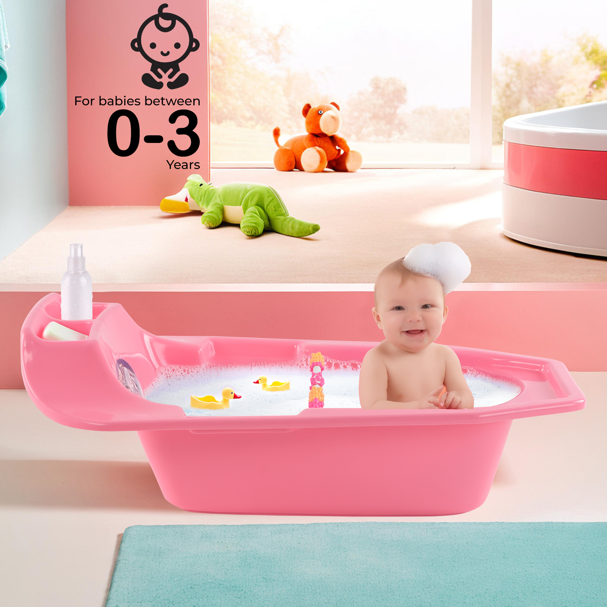 Kuber Industries 25 Ltr Plastic Bath Tub for Kids 0-3 Years  Bath Tub for New Born Baby  Bathing Tub Girls  Boys with Soap Tray  Water Tub for BabyInfants  Mini Swimming Pool for Kids  Pink
