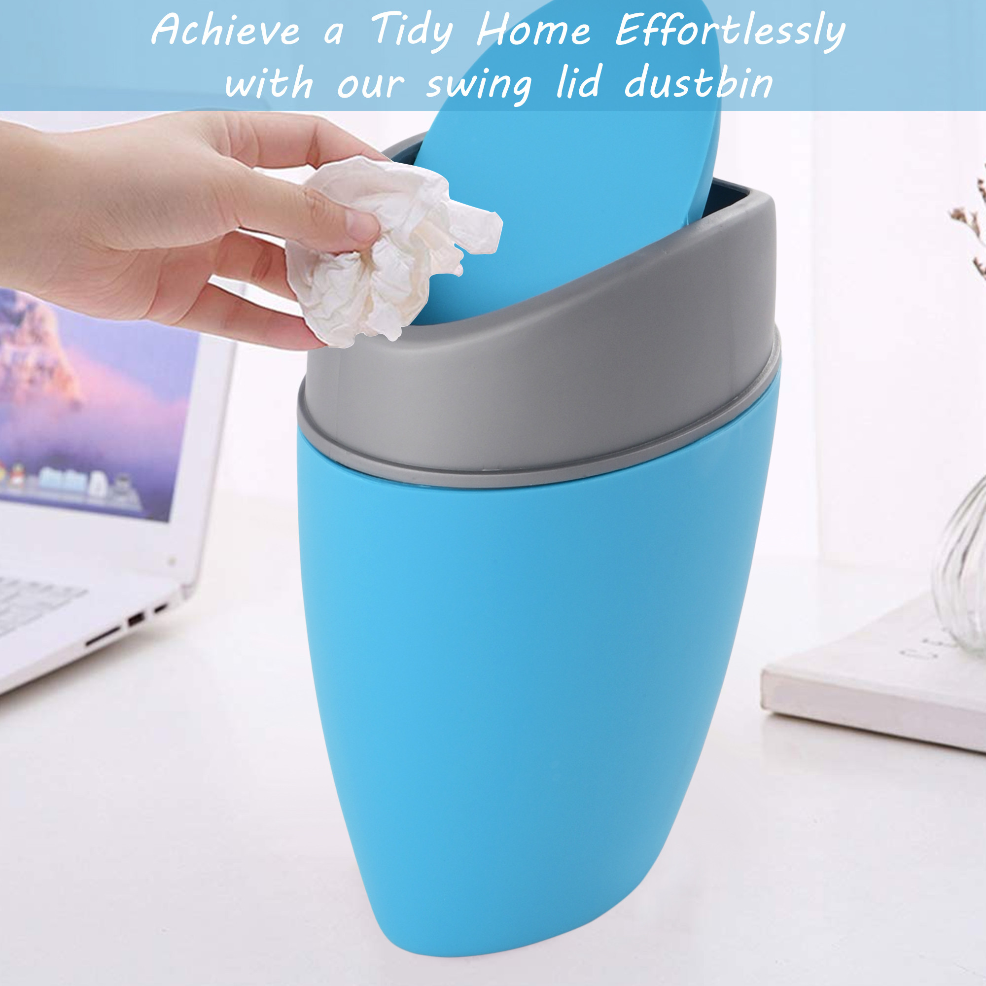 Kuber Industries 25 Ltr Plastic Mini Dustbin for Study TableBedroomBathroom with Swing Lid  Portable Small Dustbin for Kitchen Sink  Table Top Office Desk Trash Can Waste Bin  Blue