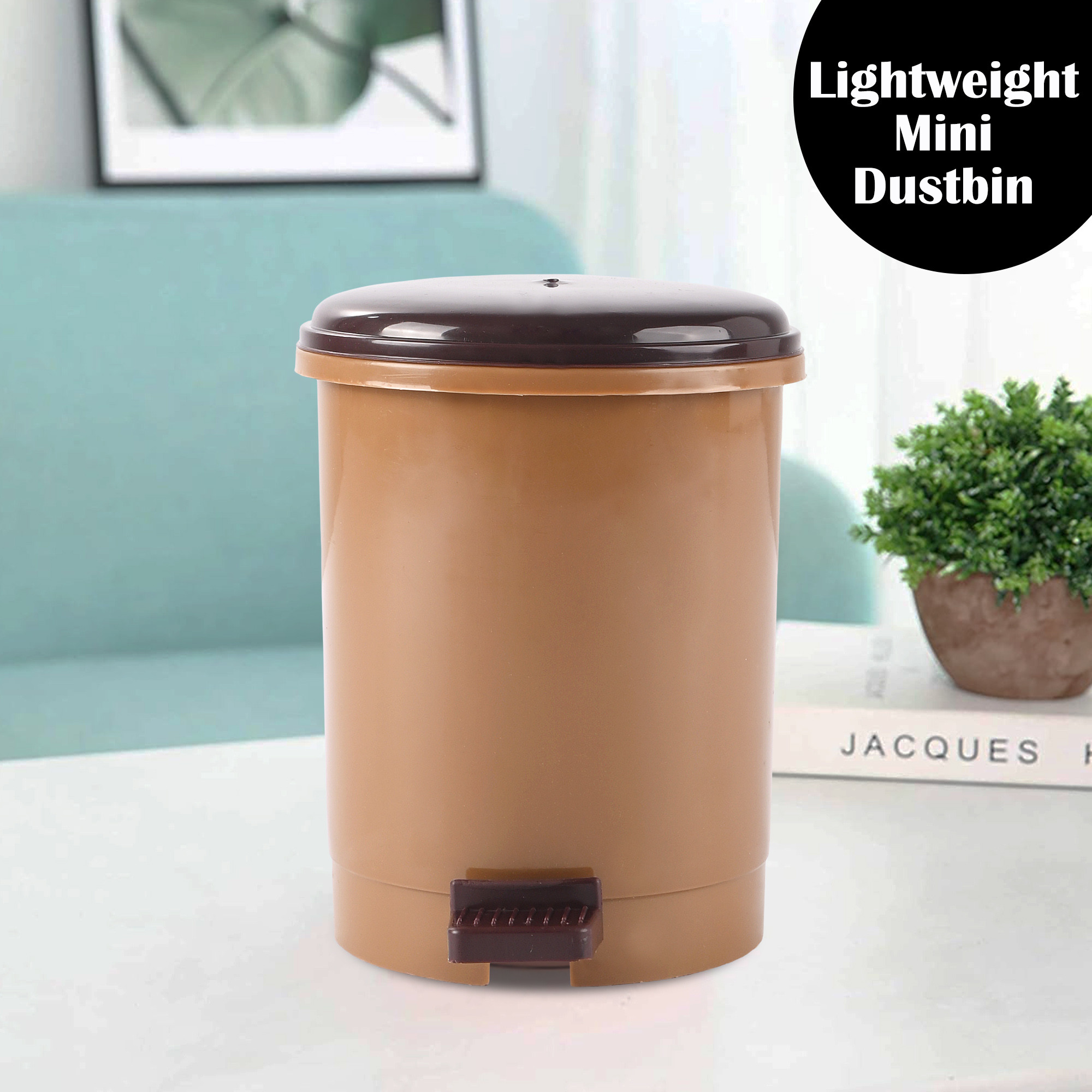 Kuber Industries 25 Ltr Portable Small Table Dustbin for Home  Office with Lid  Pedal  Lightweight Mini Dustbin for KitchenBedroom - Ideal for Desk  Countertops  Light Brown