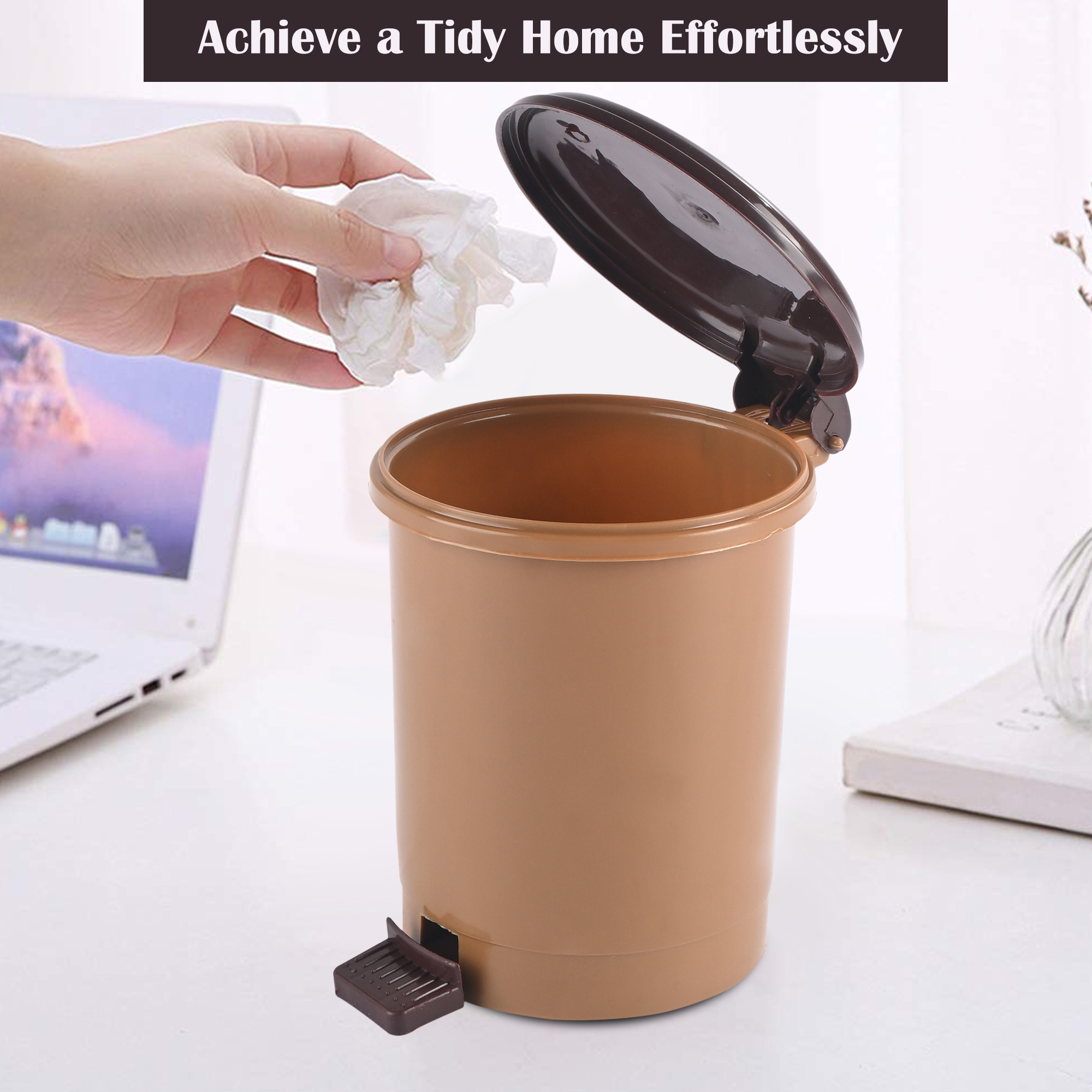 Kuber Industries 25 Ltr Portable Small Table Dustbin for Home  Office with Lid  Pedal  Lightweight Mini Dustbin for KitchenBedroom - Ideal for Desk  Countertops  Light Brown