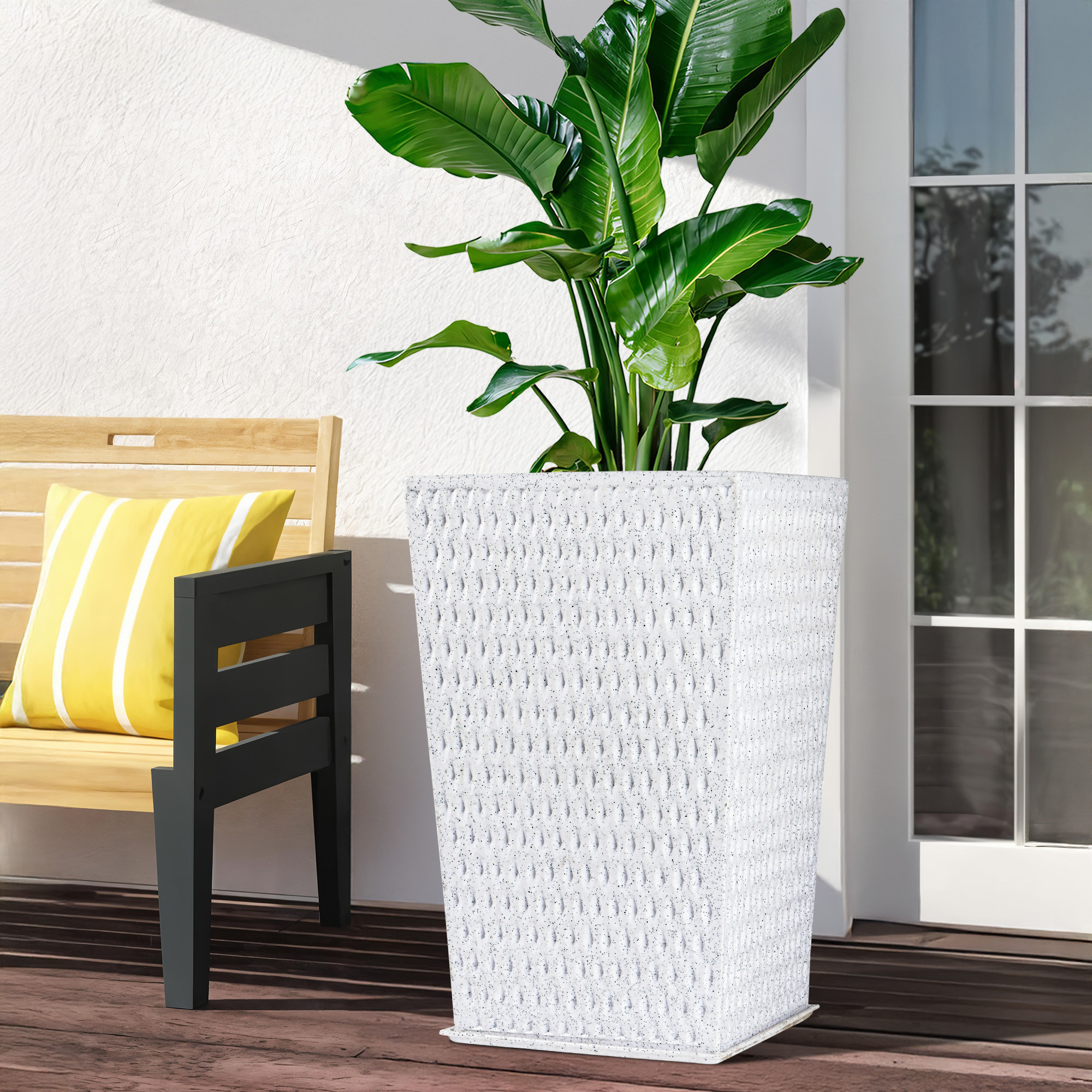 Kuber Industries 26-Inch Roto Mould German Polymer Extra Large Big Size Flower Pot  IndoorOutdoor Tree Gamla Planter for Living Room Resorts Hotels Terrace  Garden  Marble Matrix Tower - White