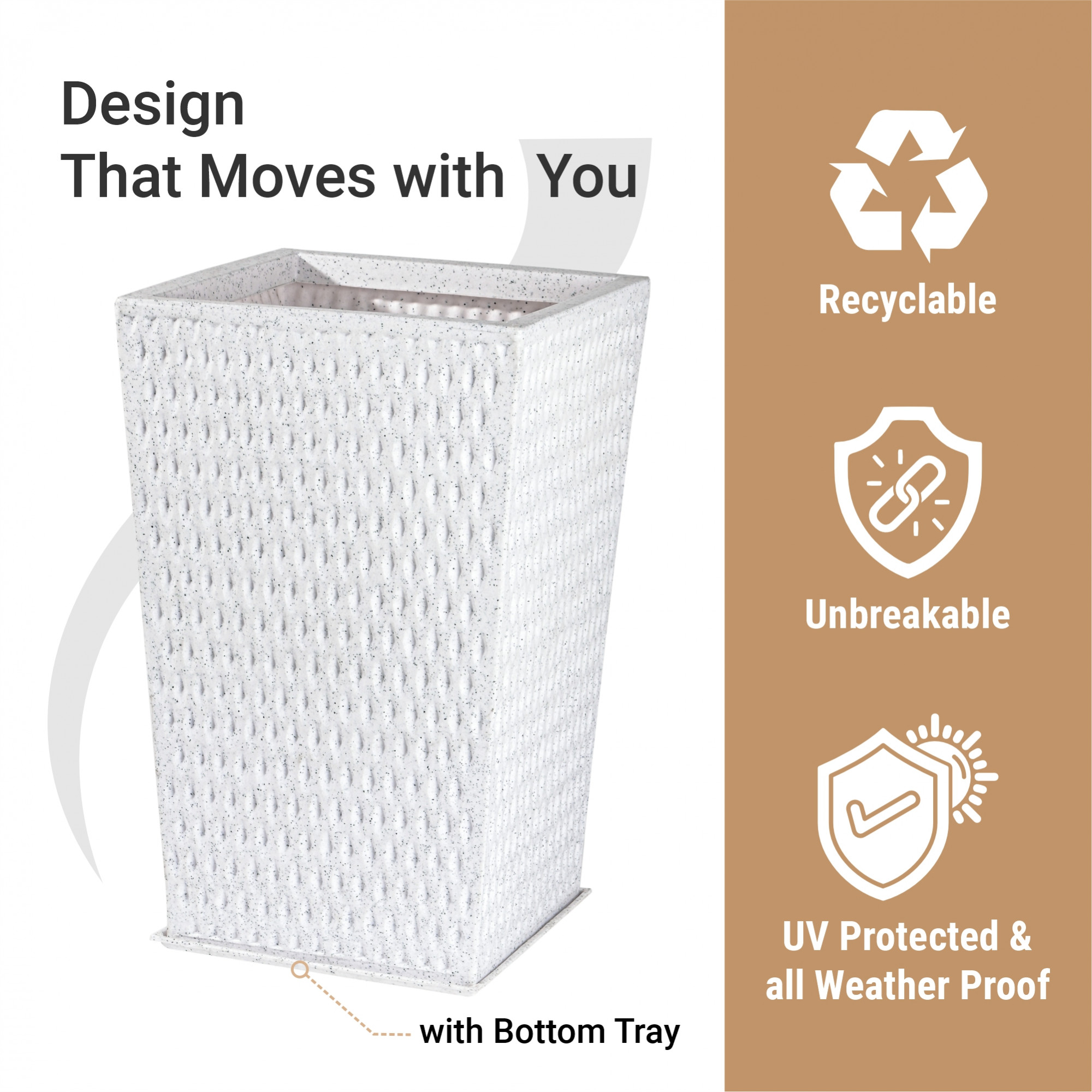 Kuber Industries 26-Inch Roto Mould German Polymer Extra Large Big Size Flower Pot  IndoorOutdoor Tree Gamla Planter for Living Room Resorts Hotels Terrace  Garden  Marble Matrix Tower - White