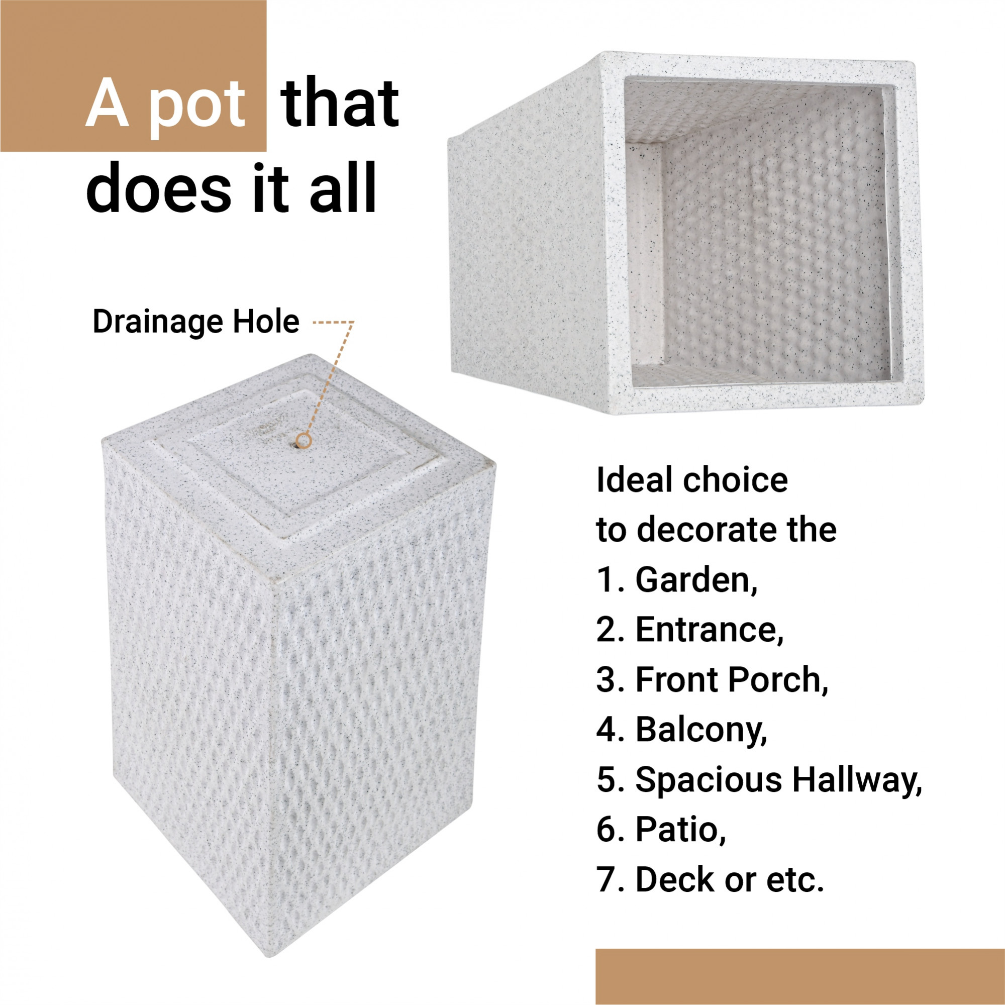 Kuber Industries 26-Inch Roto Mould German Polymer Extra Large Big Size Flower Pot  IndoorOutdoor Tree Gamla Planter for Living Room Resorts Hotels Terrace  Garden  Marble Matrix Tower - White