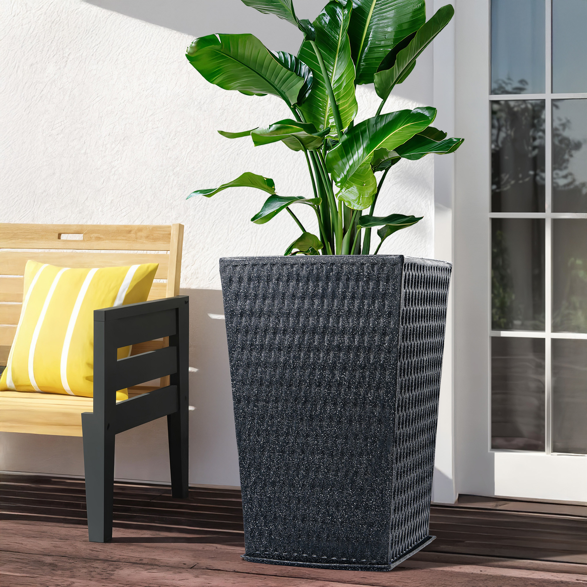 Kuber Industries 26-Inch Roto Mould German Polymer Extra Large Big Size Flower Pot  IndoorOutdoor Tree Gamla Planter for Living Room Resorts Hotels Terrace  Garden  Marble Matrix Tower - Black