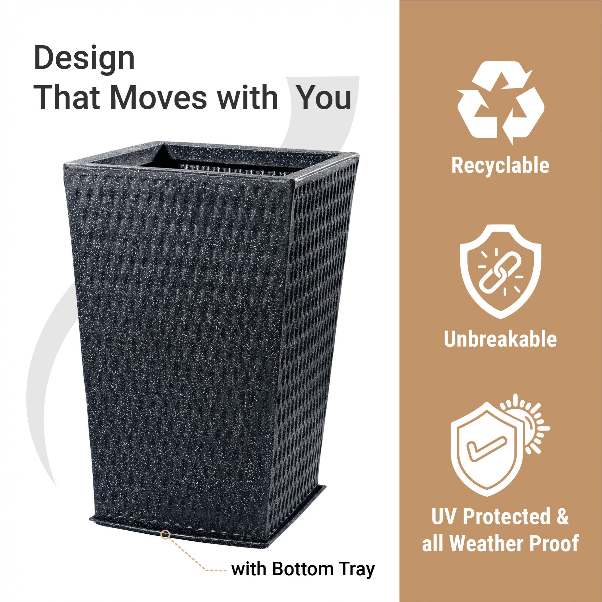 Kuber Industries 26-Inch Roto Mould German Polymer Extra Large Big Size Flower Pot  IndoorOutdoor Tree Gamla Planter for Living Room Resorts Hotels Terrace  Garden  Marble Matrix Tower - Black