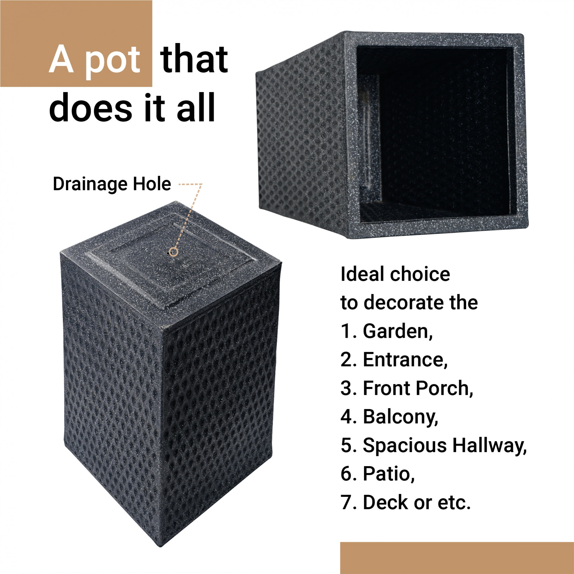 Kuber Industries 26-Inch Roto Mould German Polymer Extra Large Big Size Flower Pot  IndoorOutdoor Tree Gamla Planter for Living Room Resorts Hotels Terrace  Garden  Marble Matrix Tower - Black