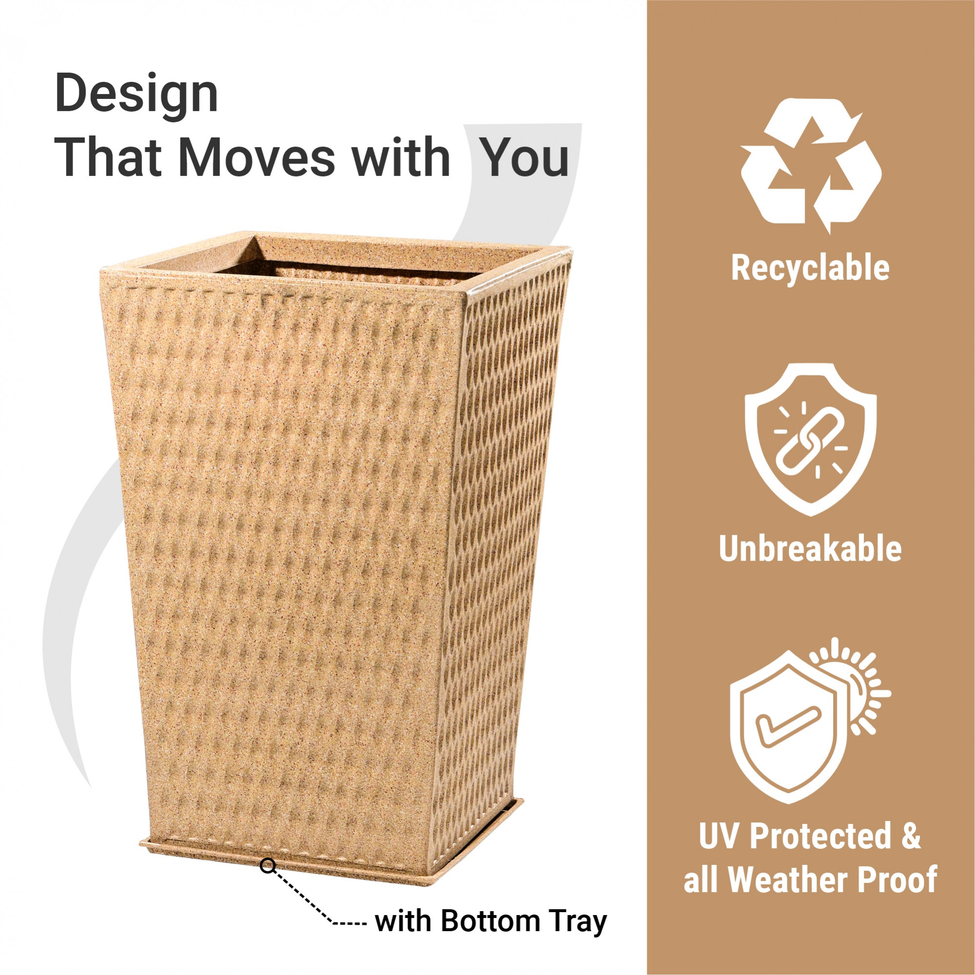 Kuber Industries 26-Inch Roto Mould German Polymer Extra Large Big Size Flower Pot  IndoorOutdoor Tree Gamla Planter for Living Room Resorts Hotels Terrace  Garden  Marble Matrix Tower - Sand