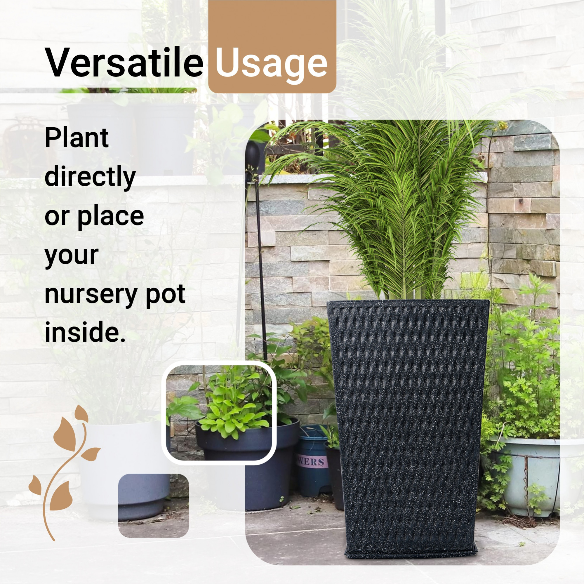 Kuber Industries 26-Inch Roto Mould German Polymer Extra Large Big Size Flower Pot  IndoorOutdoor Tree Gamla Planter for Living Room Resorts Hotels Terrace  Garden  Marble Matrix Tower - Black