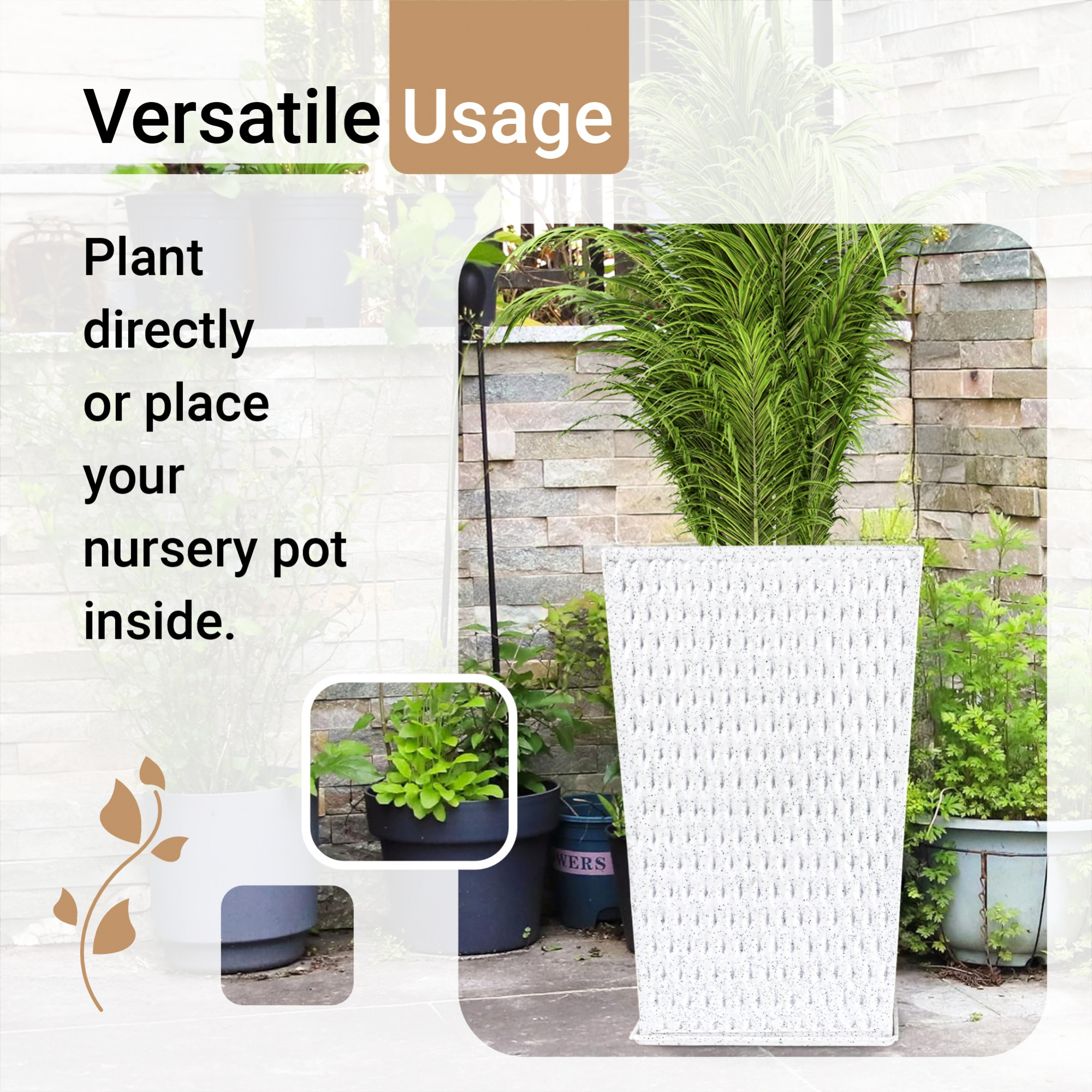 Kuber Industries 26-Inch Roto Mould German Polymer Extra Large Big Size Flower Pot  IndoorOutdoor Tree Gamla Planter for Living Room Resorts Hotels Terrace  Garden  Marble Matrix Tower - White