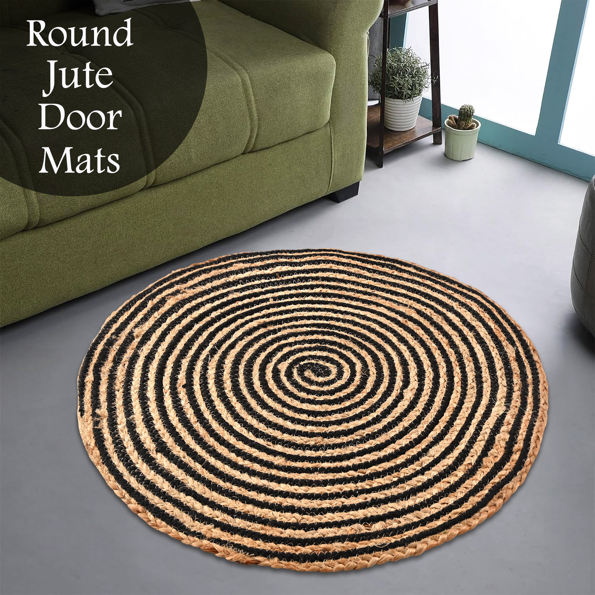 Kuber Industries 2x2 Feet Handwoven Jute Door Mats for Home Entrance  Aesthetic Round Floor Mat for Living Room Bedroom  Office Decor  Perdan for Home  Spiral - Black  Brown